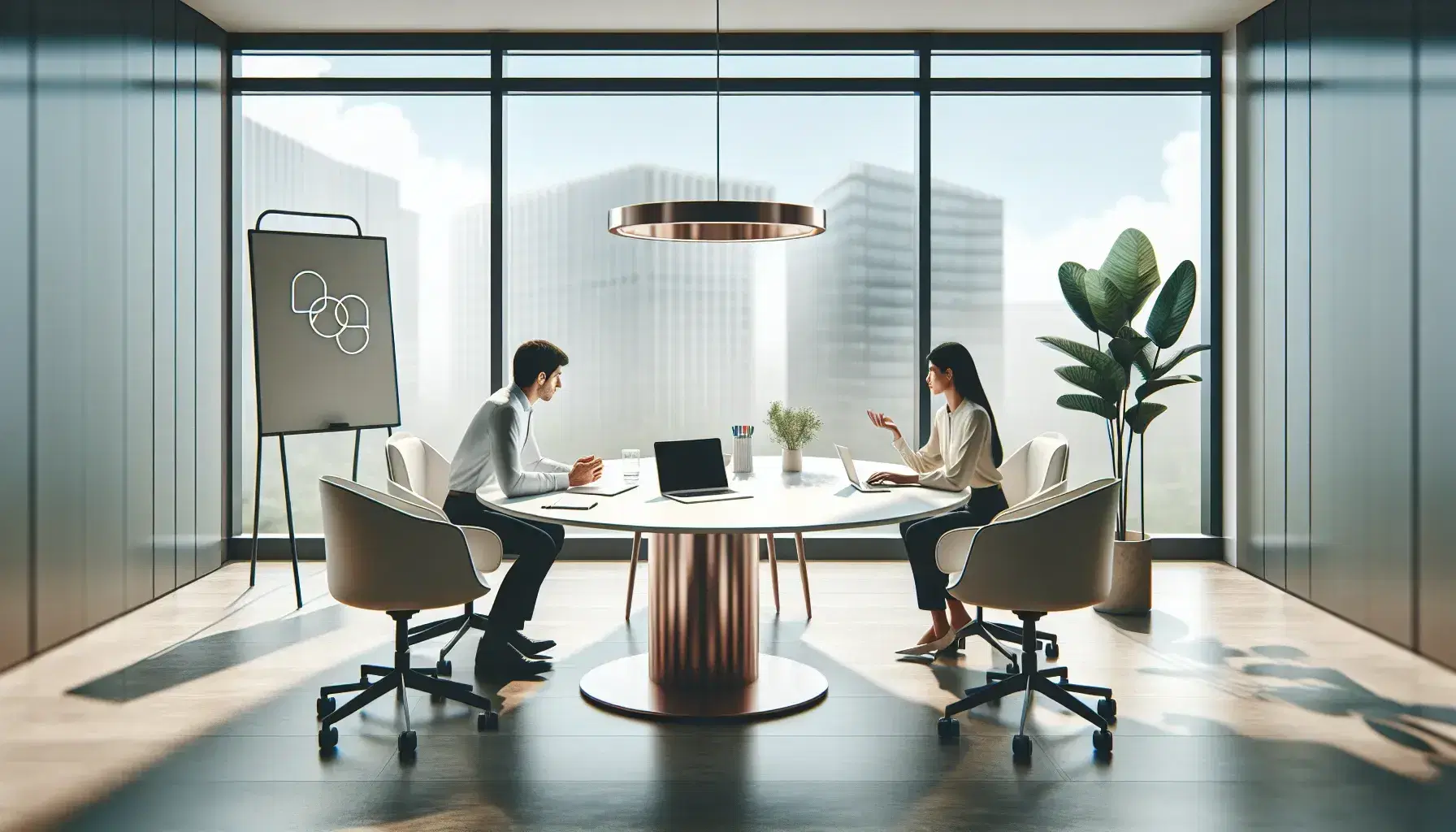 Oficina moderna con mesa redonda, sillas ergonómicas, laptop, smartphone y pizarra en blanco, dos profesionales trabajando y planta decorativa.