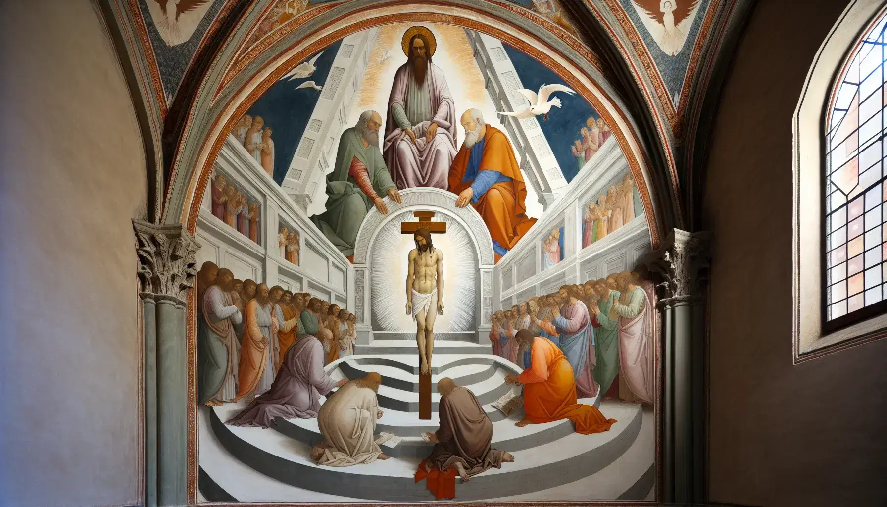 Affresco della Trinità di Masaccio a Santa Maria Novella, con Dio Padre, Cristo in croce, Spirito Santo e due devoti inginocchiati.
