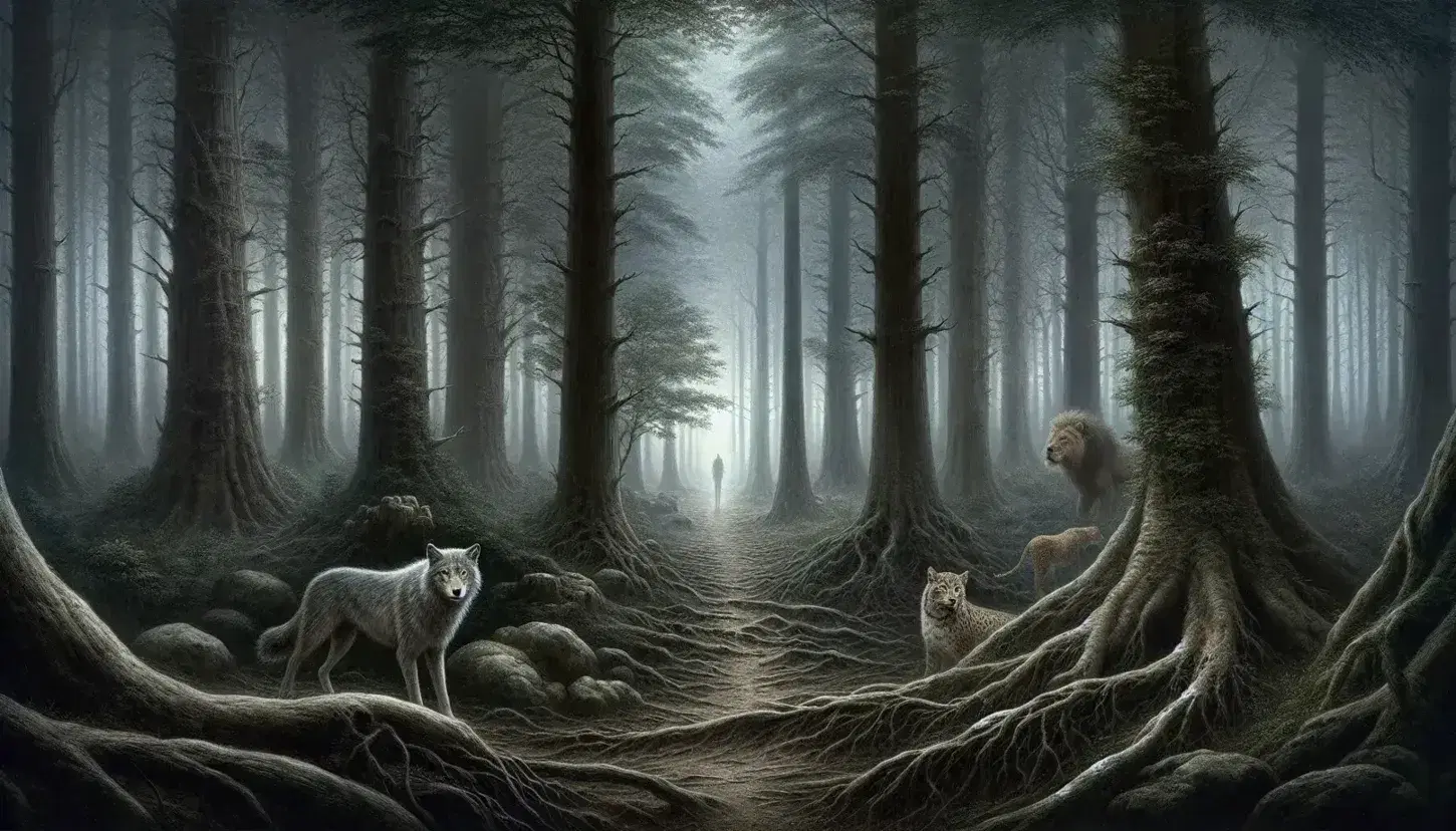 Foresta nebbiosa con lupi, leone e lince su sentiero e figura umana in abiti storici in lontananza.
