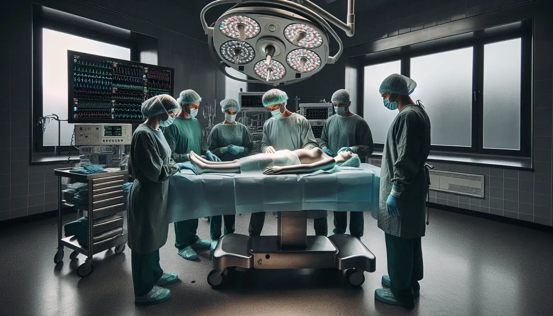 Equipo de profesionales de la salud realizando una cirugía en quirófano, con mesa de operaciones, instrumental quirúrgico y monitor de signos vitales.