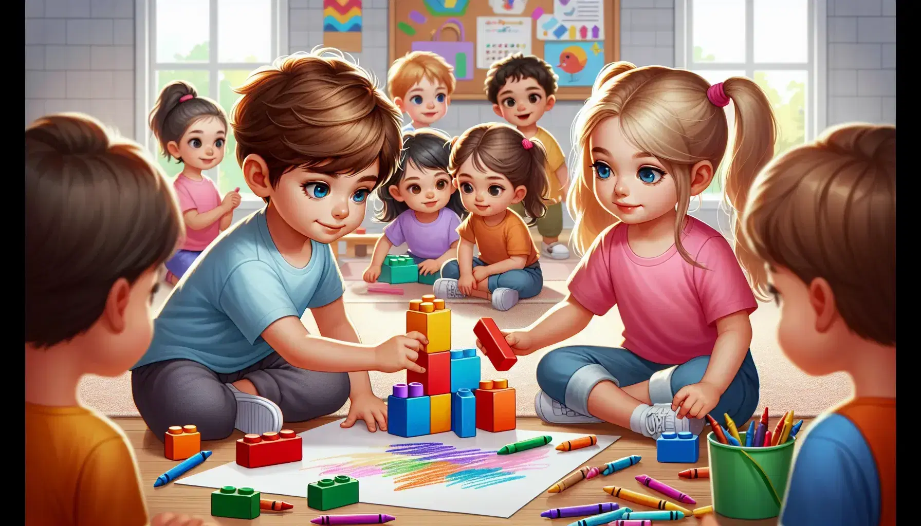 Niños en edad preescolar interactuando en clase, uno construyendo con bloques de colores y otro dibujando con crayones, mientras otros atienden a un cuento.