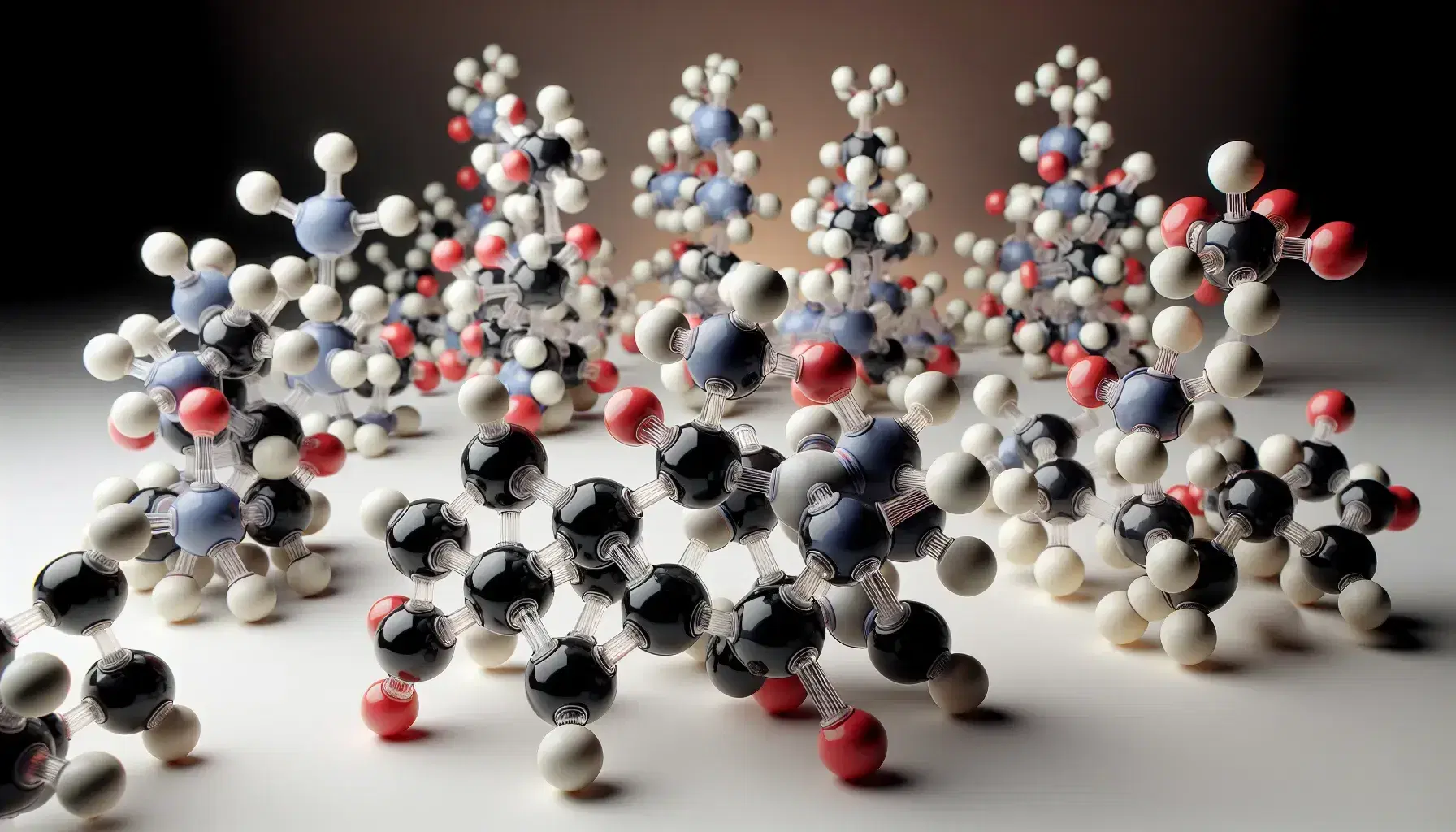 Three-dimensional molecular models with colored spheres for atoms and sticks for bonds on a white background, highlighting structural diversity.