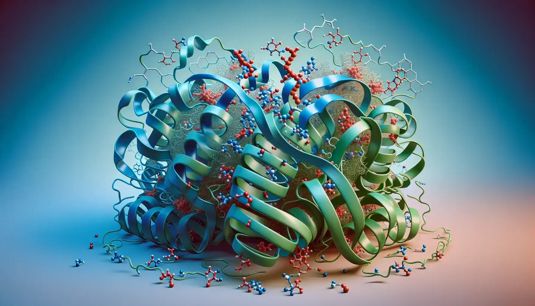 Three-dimensional ribbon diagram of a protein structure with blue to red colored helices and green sheets, surrounded by molecular models of amino acids.