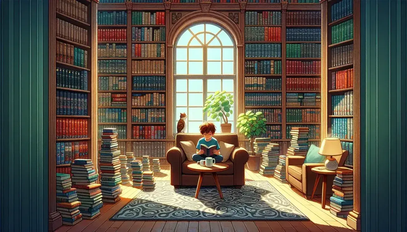 Biblioteca accogliente con ragazzo che legge su poltrona, scaffale pieno di libri colorati, ragazza che scrive al tavolo e pianta vicino alla finestra.
