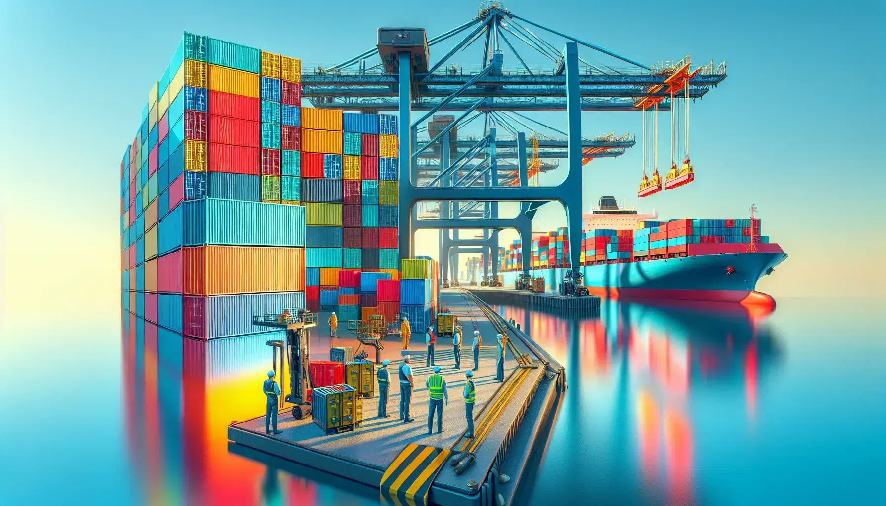 Puerto comercial con contenedores de colores apilados, grúa portuaria en operación y trabajadores supervisando bajo un cielo despejado.