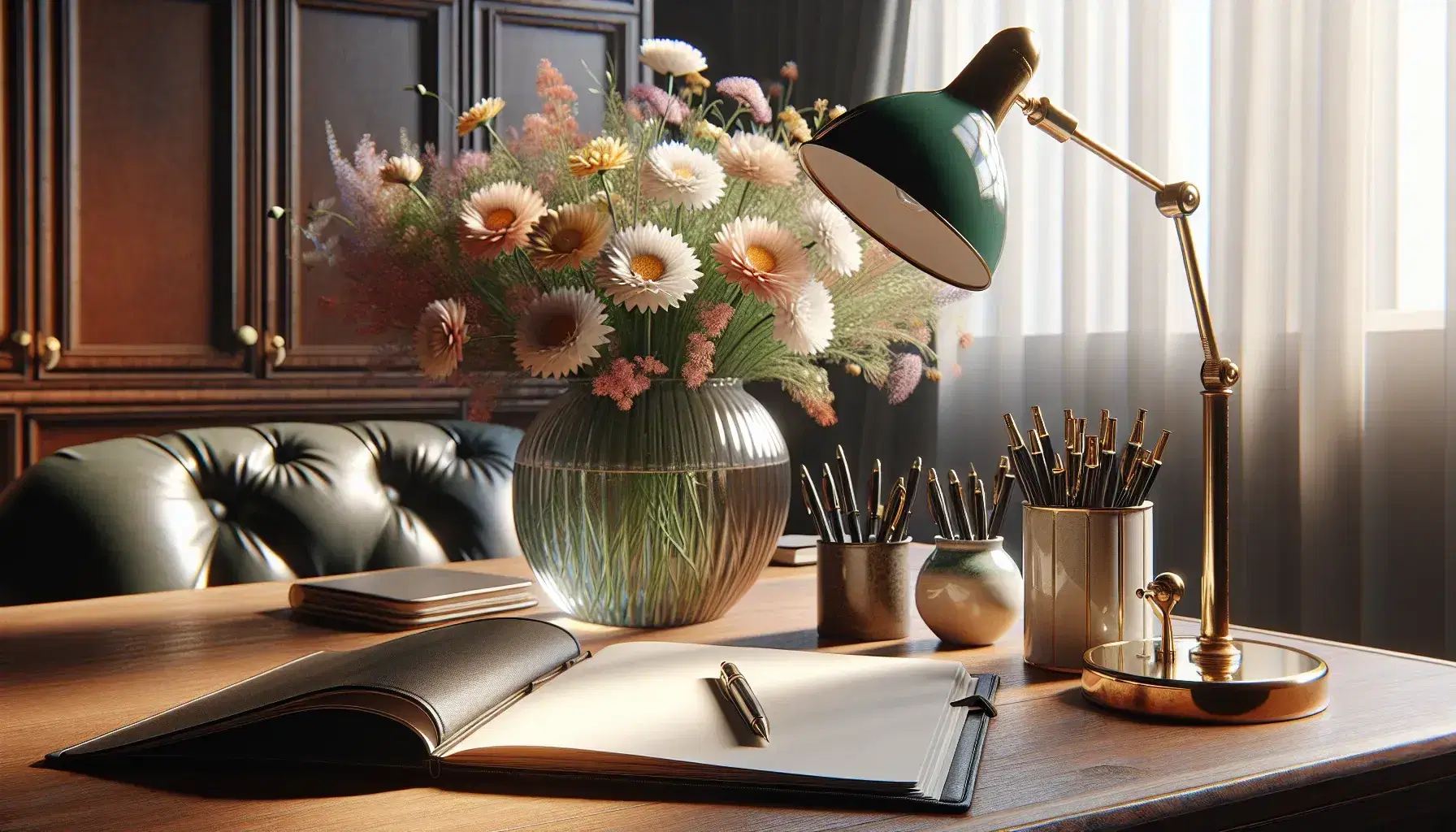 Serene study space with polished wooden desk, classic green-shaded lamp, blank notebook, colorful fine-point pens, fresh flowers in vase, and beige chair.