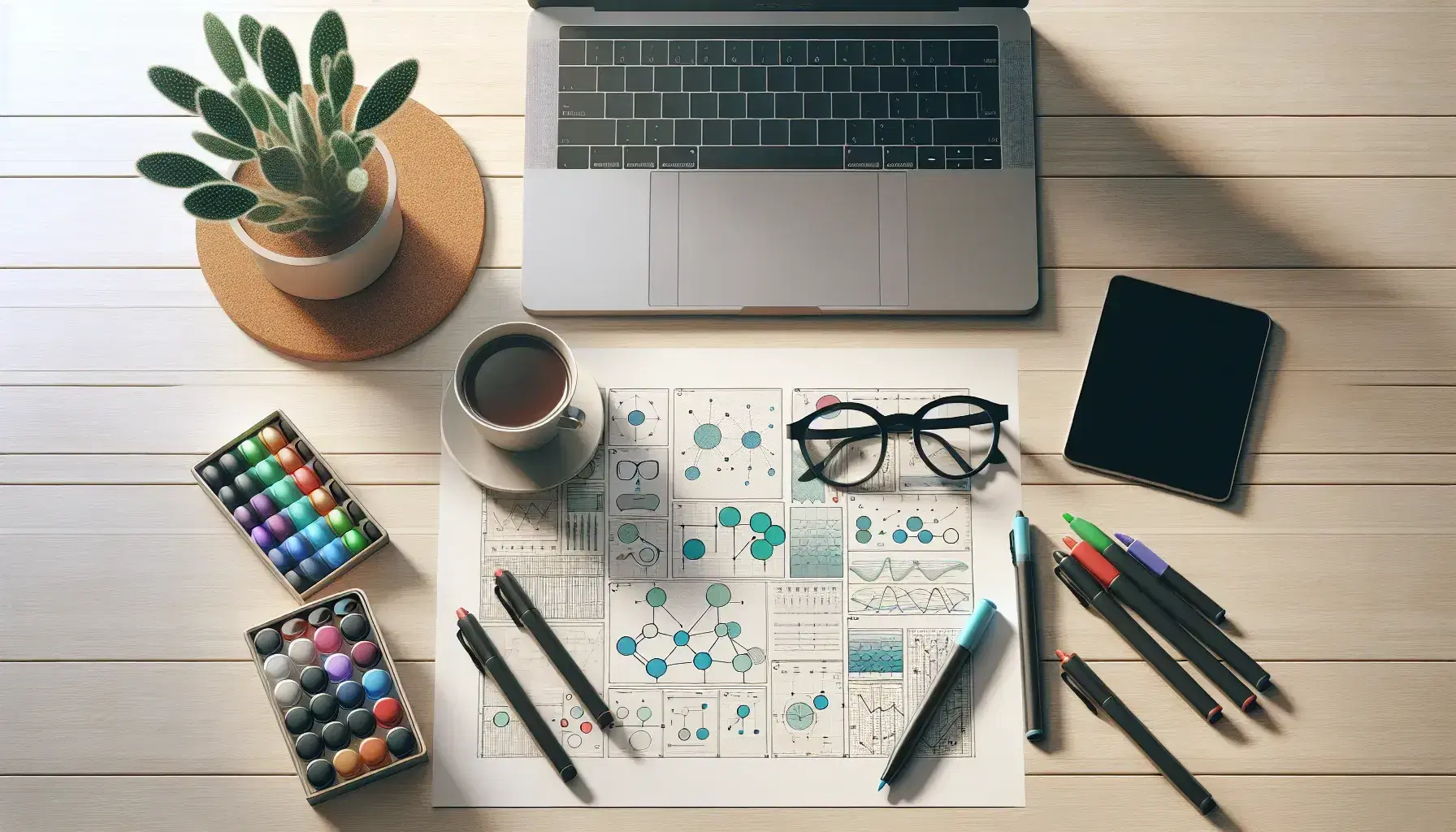 Escritorio de oficina con laptop abierta, hojas con diagramas geométricos, marcadores de colores, gafas, taza de café y cactus.
