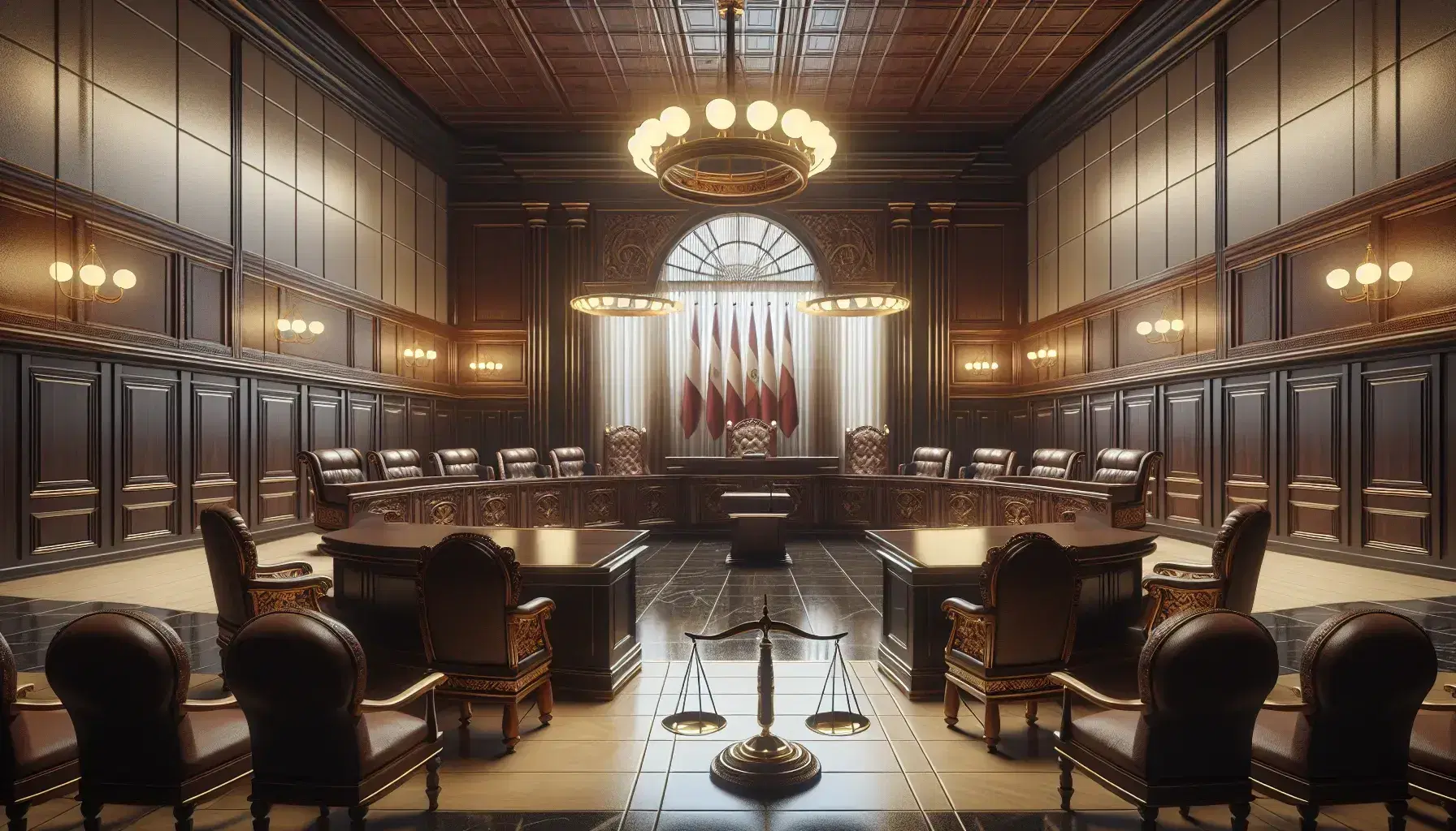 Sala de tribunal vacía con mesa central de madera oscura, sillas talladas, estrado con silla elevada para juez, banderas a los lados y balanza de justicia en primer plano.
