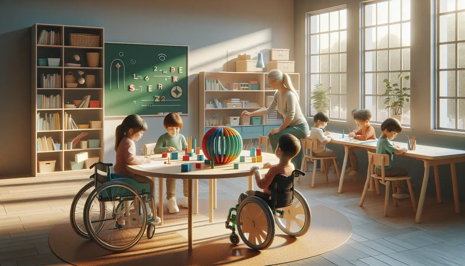 Aula inclusiva con niños en sillas de ruedas y apoyos jugando y dibujando en mesa redonda, maestra con juguete sensorial y estantes con juguetes.