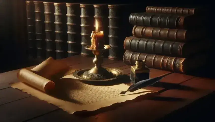 Scrivania antica in legno scuro con calamaio in ottone, penna d'oca, pergamena parzialmente srotolata, candela consumata e libreria sfocata sullo sfondo.