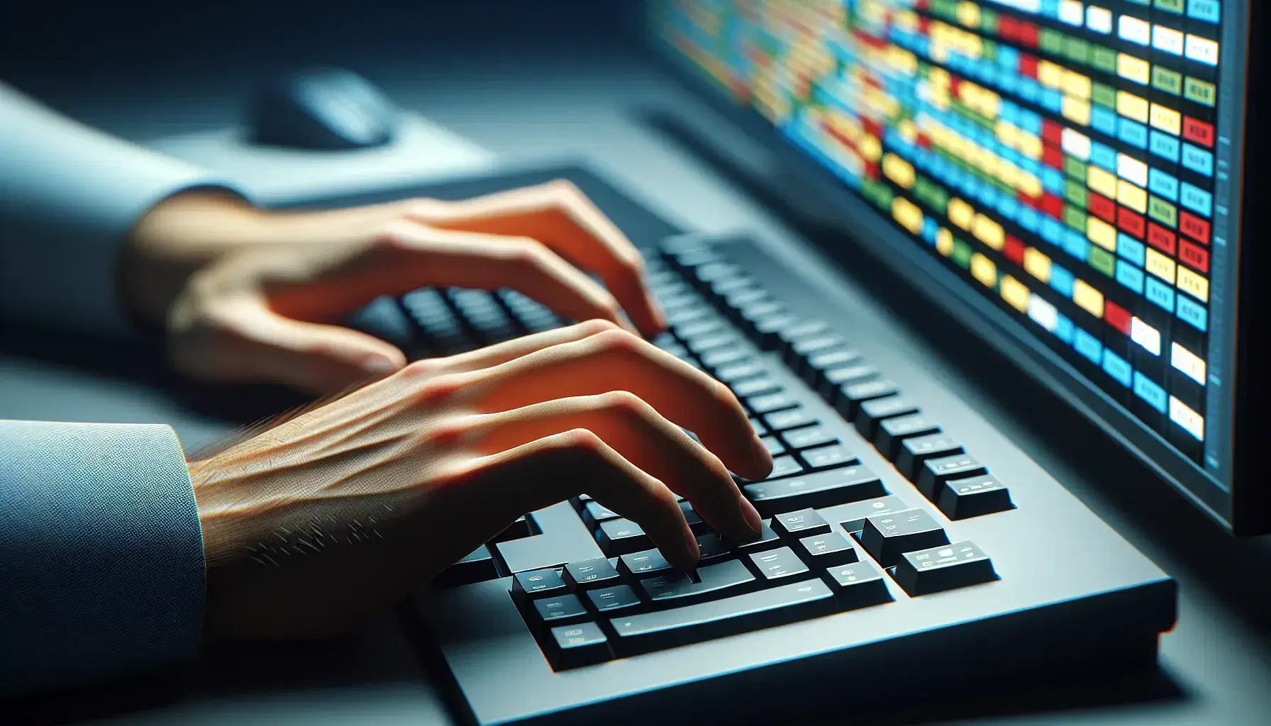 Hands resting on modern unmarked keyboard with monitor background showing abstract colorful grid, symbolizing data organization.