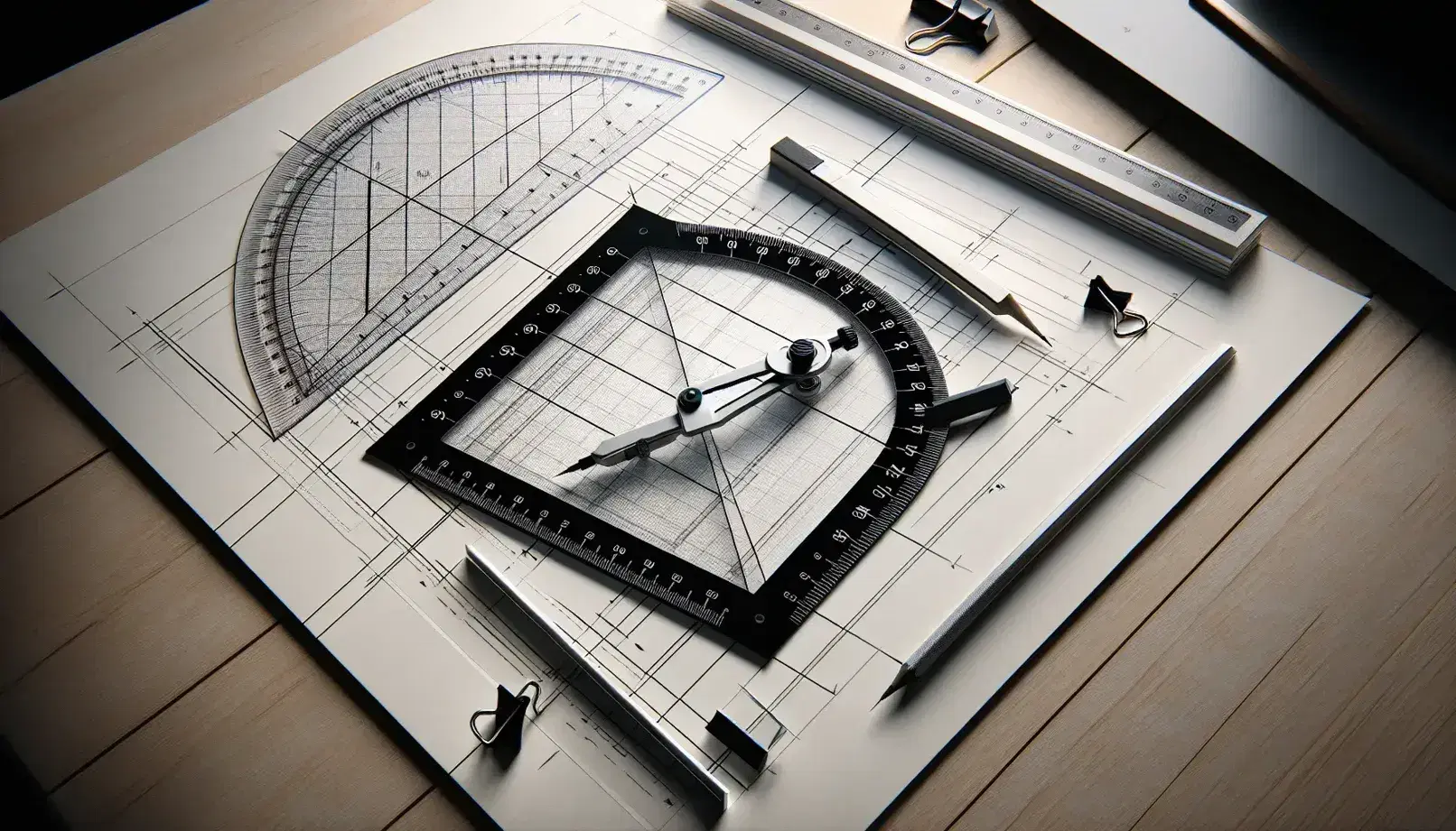 Set di strumenti per disegno tecnico con squadra, compasso e righello su tavolo in legno, foglio con angolo retto e goniometro.