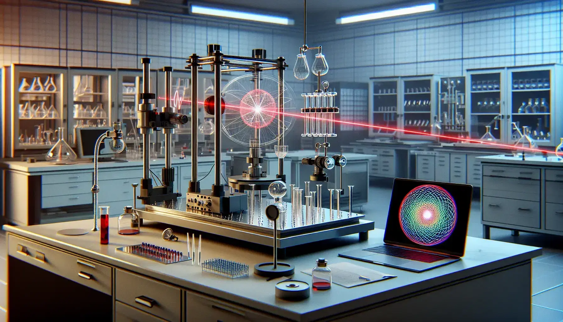 Laboratorio de física moderno con equipo científico, mesa de trabajo con experimento de óptica cuántica y láser rojo, pantalla de detección y portátil mostrando gráficos coloridos.