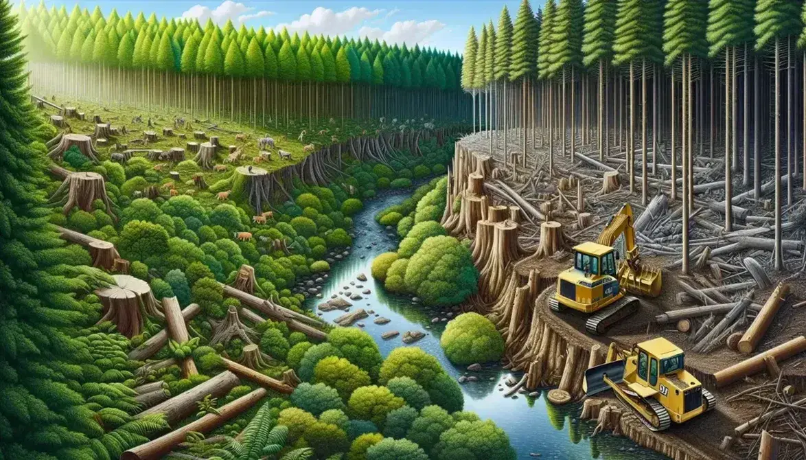 Lush green forest with various shades of green, meandering stream, deforested area with yellow bulldozer and blue sky.