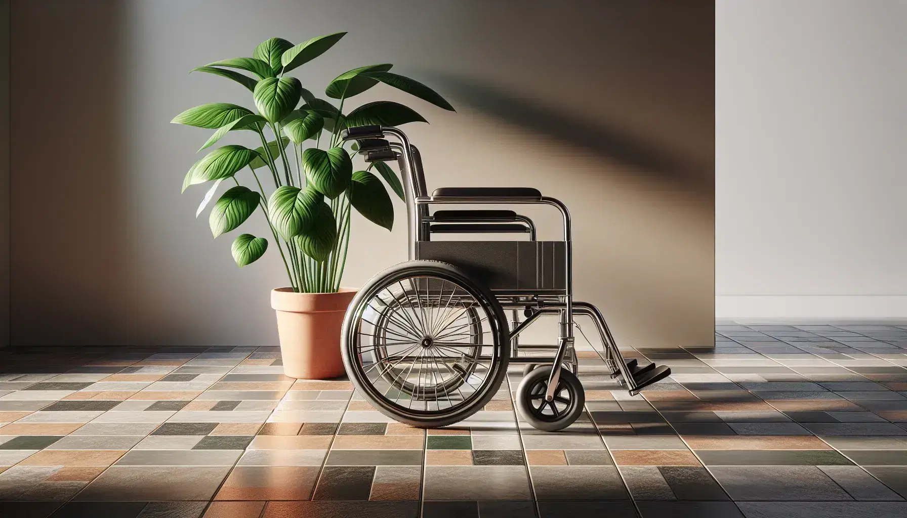 Silla de ruedas vacía con acabado metálico y ruedas negras sobre suelo de ajedrezado gris, junto a planta verde en maceta terracota.