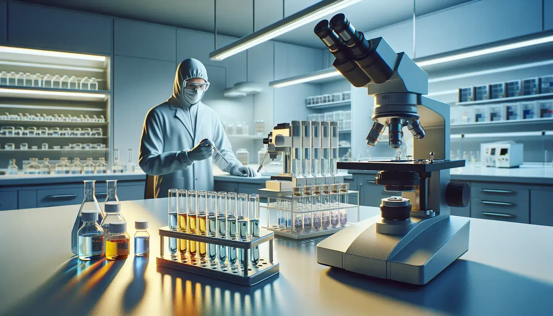Laboratorio clínico moderno con tubos de ensayo de colores, microscopio electrónico y técnico utilizando pipeta, reflejando profesionalismo y concentración.