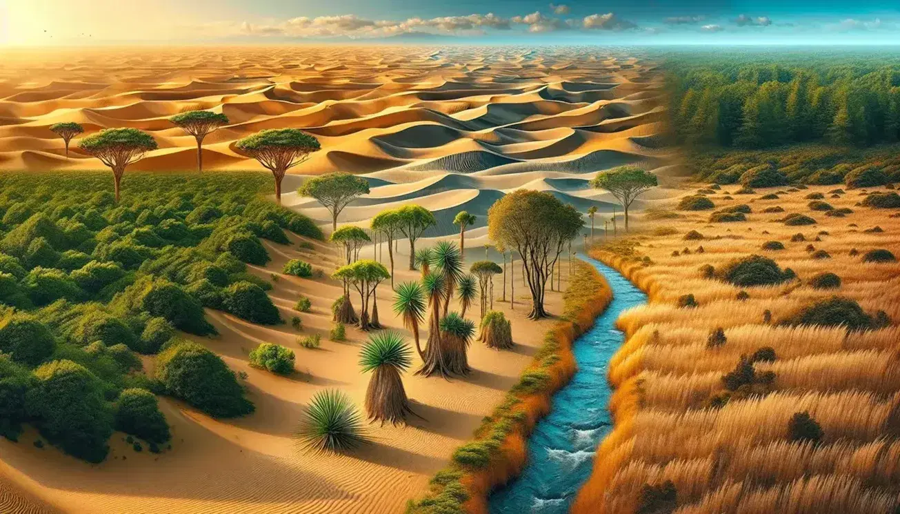 Panorama di paesaggi climatici con dune desertiche, savana erbosa, foresta lussureggiante e cielo azzurro con nuvole.