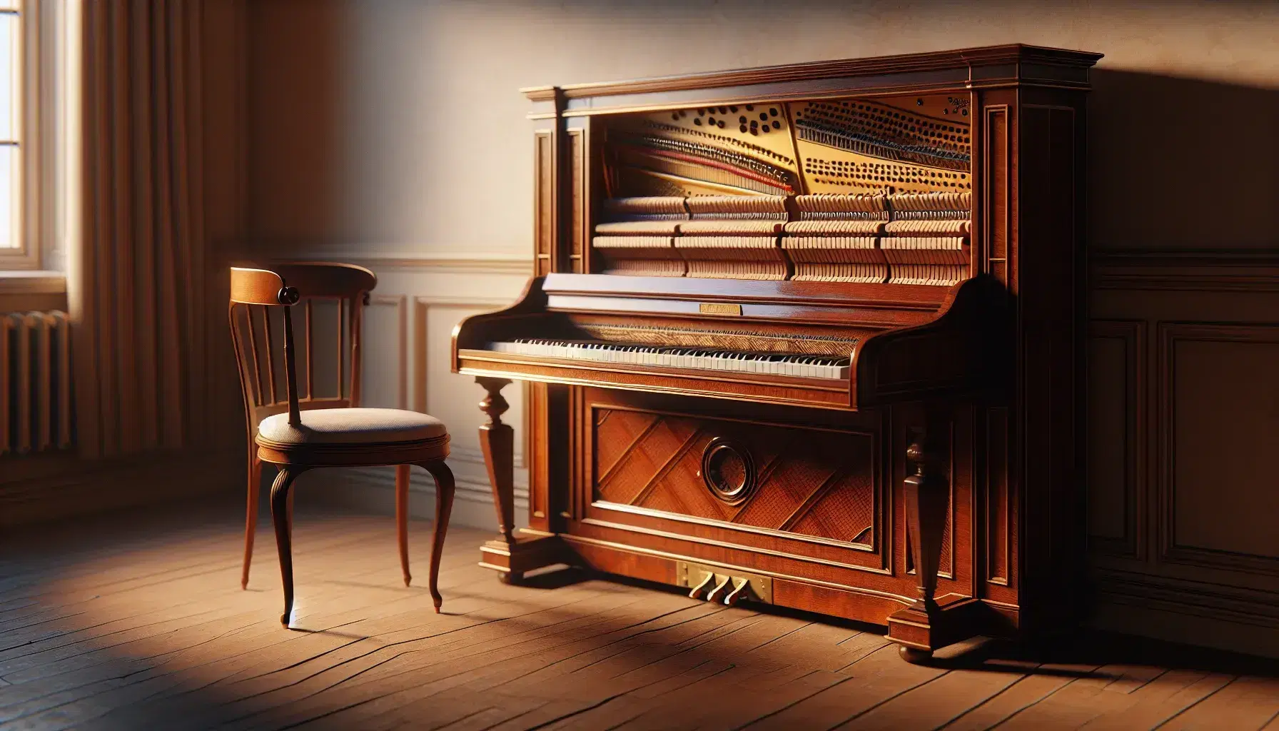 Vintage upright mahogany piano with open lid showing strings and hammers, paired with a polished wooden chair in a warmly lit, cream-colored room.