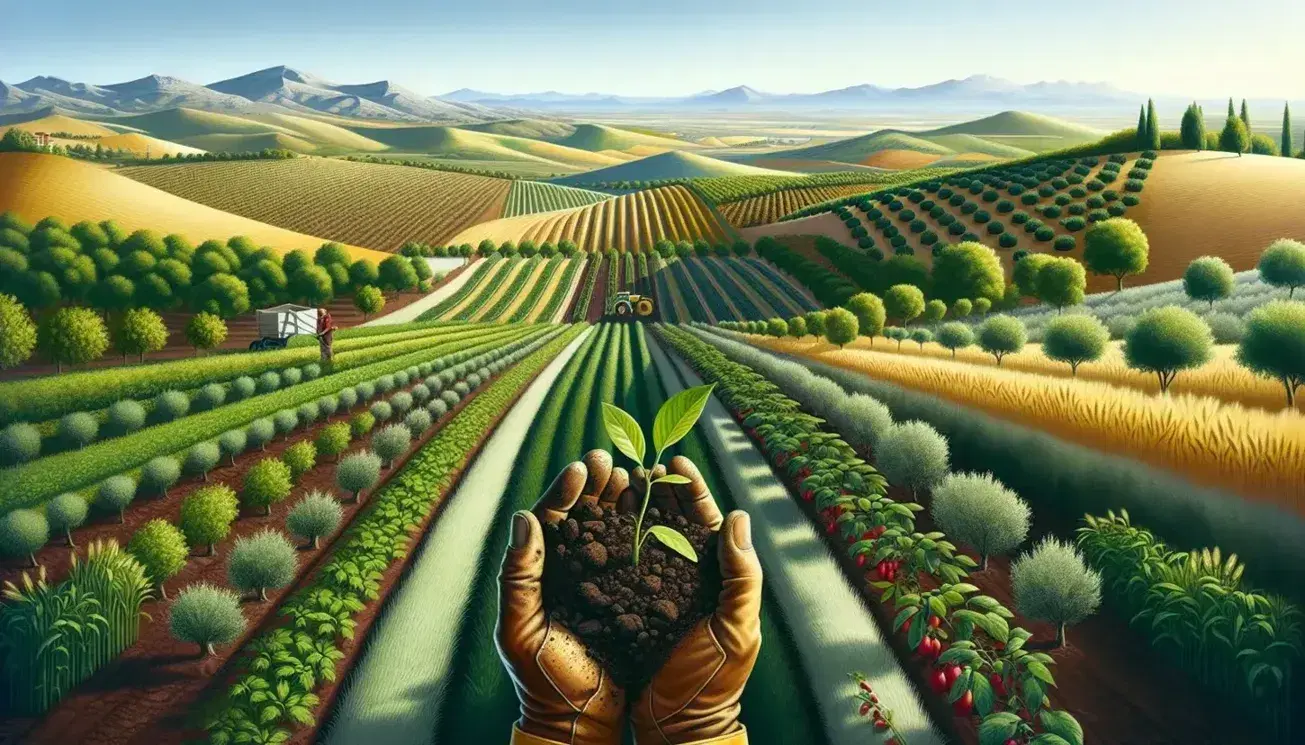 Lush Spanish landscape with rolling hills, a farmer nurturing a young plant in soil, vineyards, olive groves, wheat fields, and distant mountains under a clear sky.