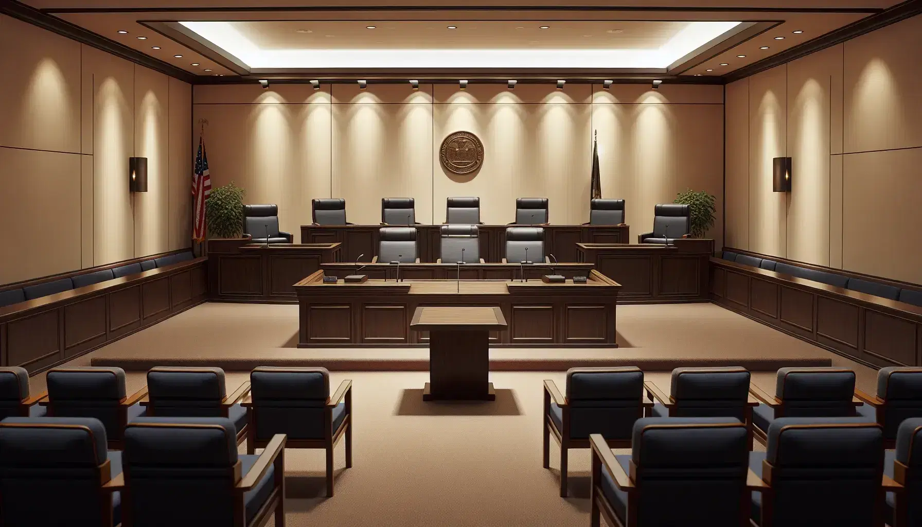 Sala de tribunal vacía con mesa central de madera oscura, sillas altas azules, estrado del juez, podio y bancos para el público.
