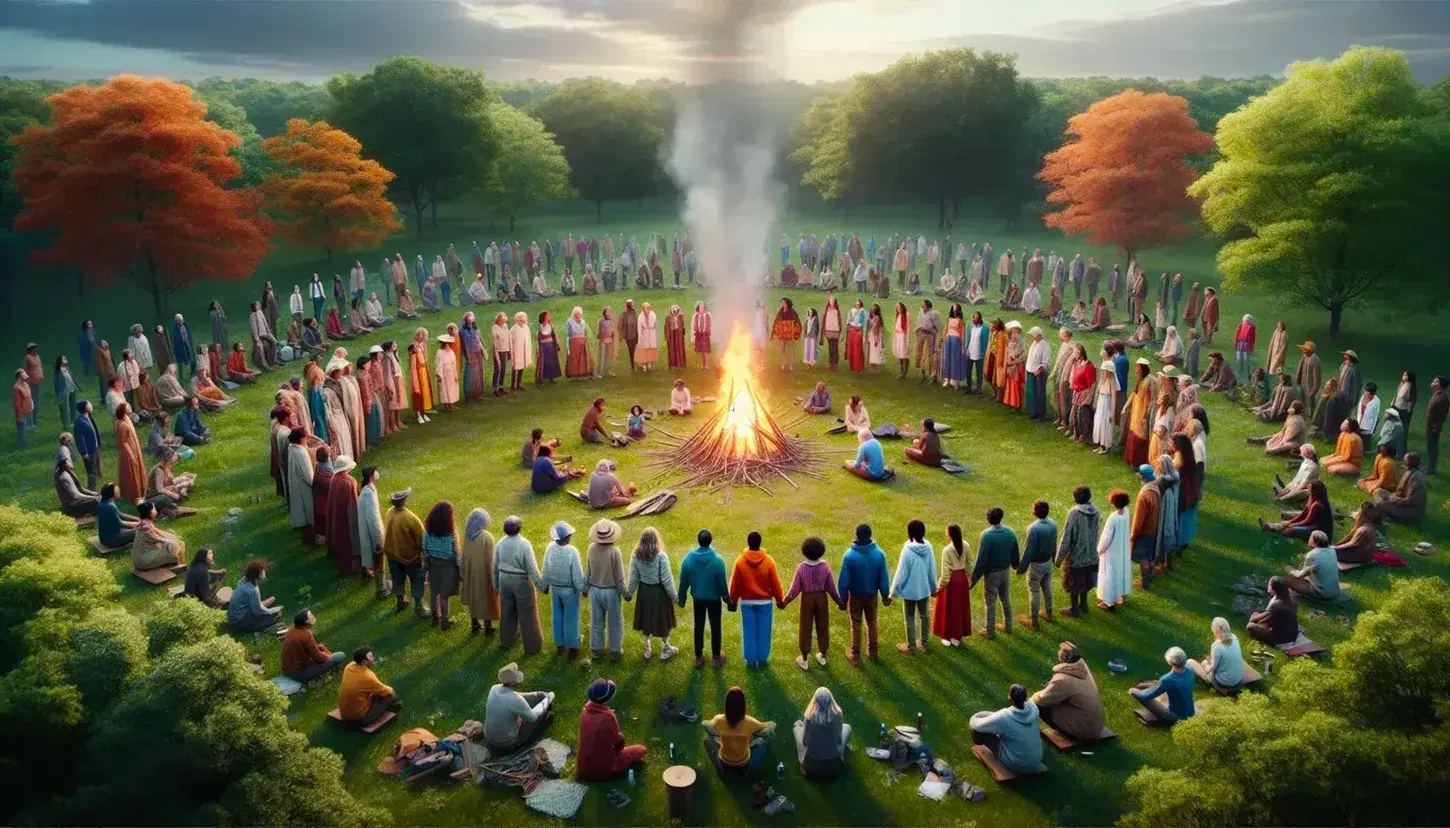 Riunione all'aperto di persone diverse intorno a un fuoco, in un'atmosfera serena e naturale, con alberi e cielo azzurro sullo sfondo.