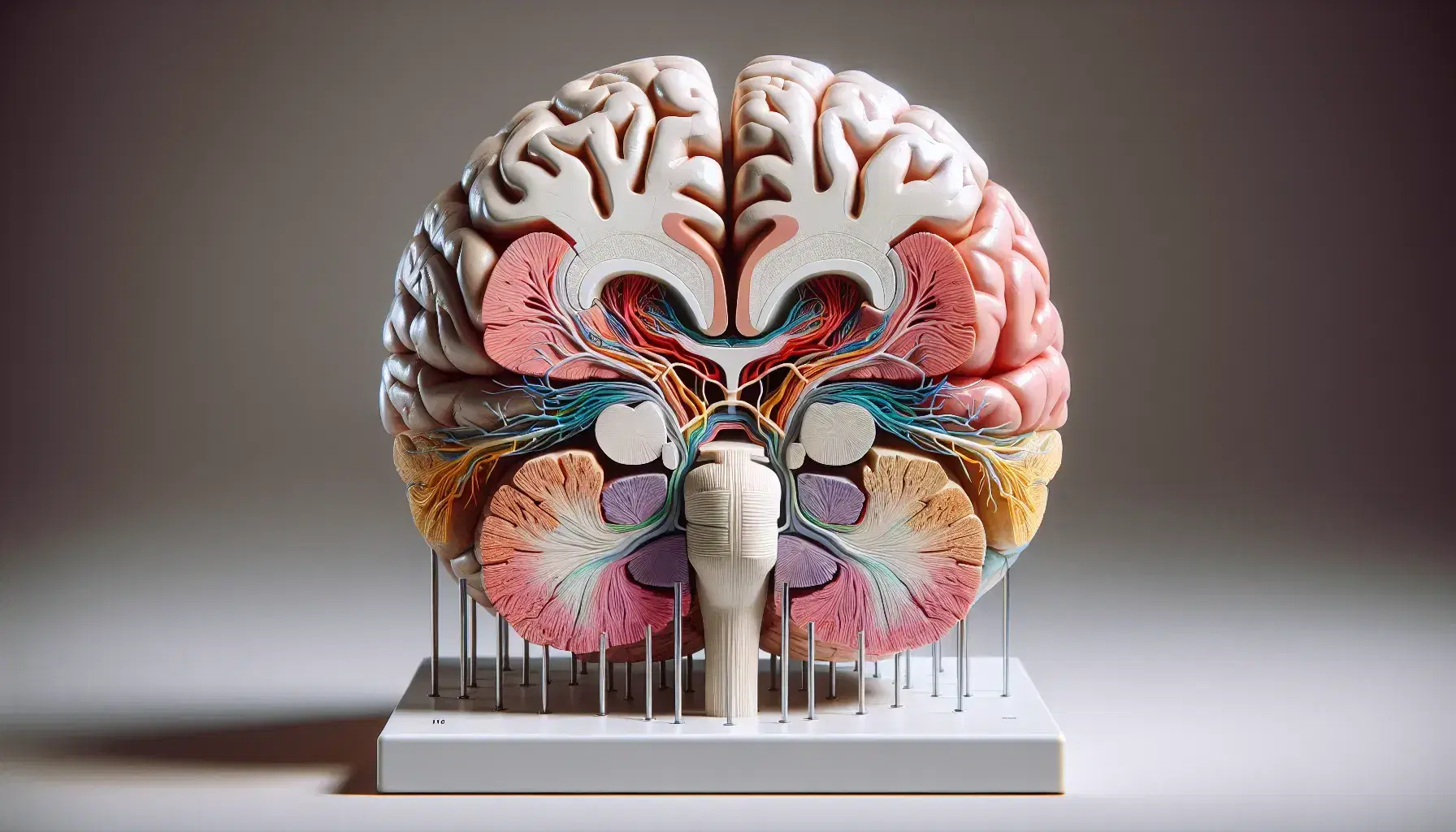 Modelo anatómico detallado del cerebro humano con sección transversal y nervios craneales visibles en base blanca, destacando las distintas áreas y tejidos cerebrales.