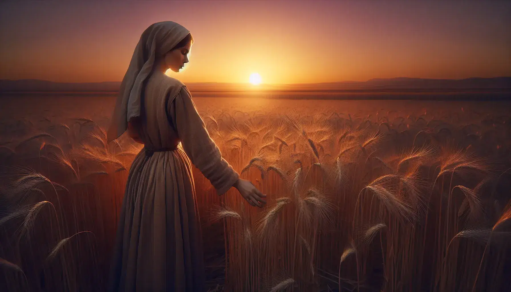 Woman in ancient attire touches wheat stalks in a golden field at twilight, with a tied bundle nearby and thatched-roof homes in the distance.