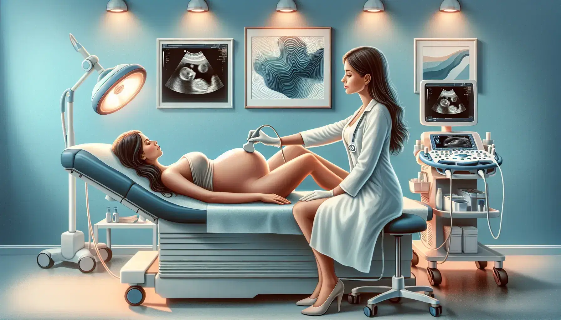 Pregnant woman undergoing ultrasound by healthcare professional, screen shows sonogram of fetus, quiet clinical environment.