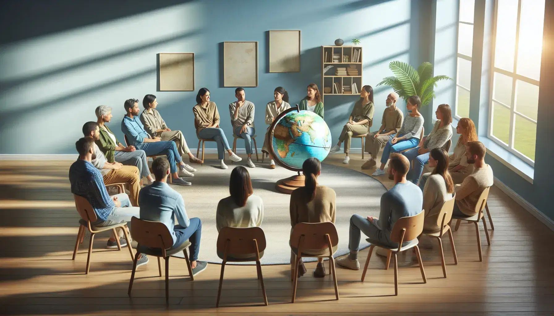Gruppo di persone sedute in cerchio attorno a un globo terrestre, discutendo in una stanza illuminata naturalmente con pareti azzurre.
