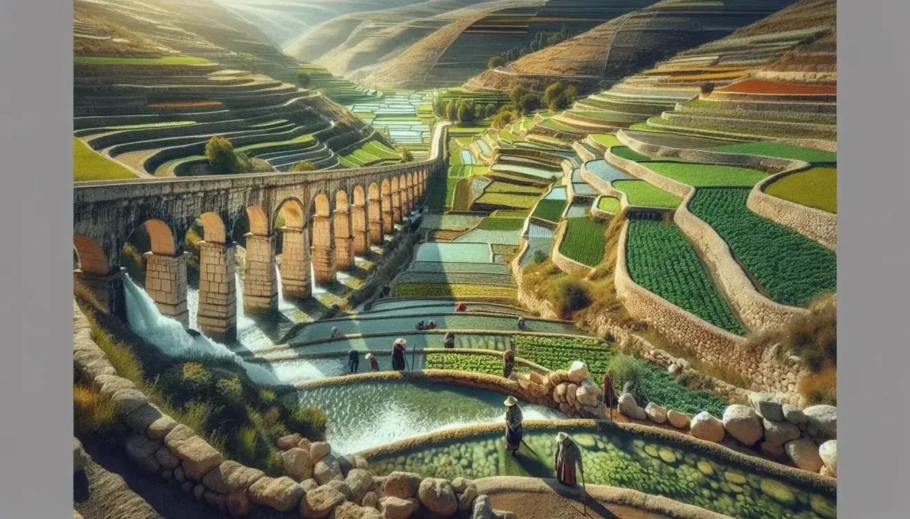 Ancient stone aqueduct with flowing water over terraced agricultural fields, farmers tending crops, and olive trees on a sunlit hill in Spain.