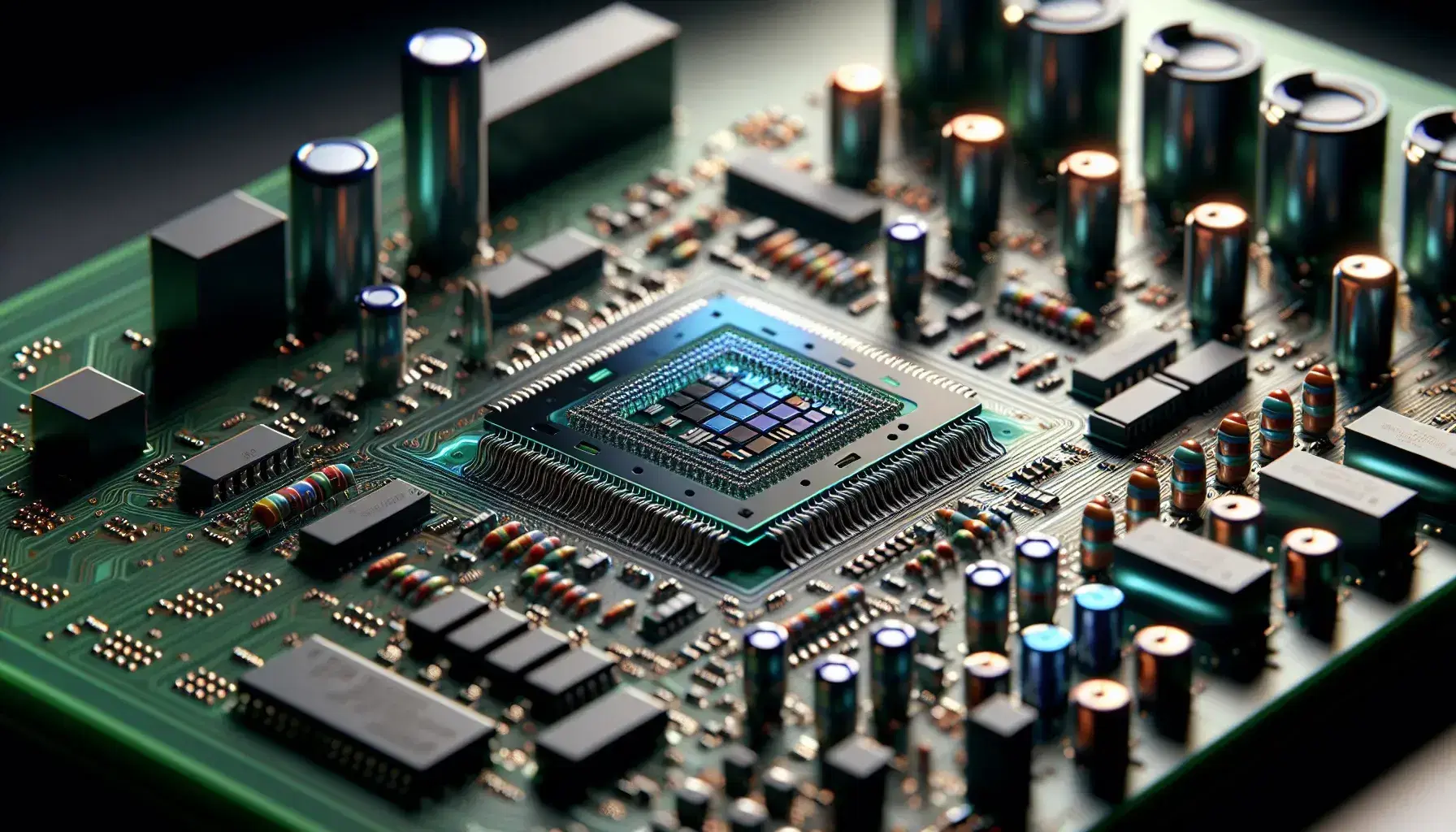 Close-up of a silicon microprocessor on green PCB board with electronic components such as capacitors and resistors, with no text visible.