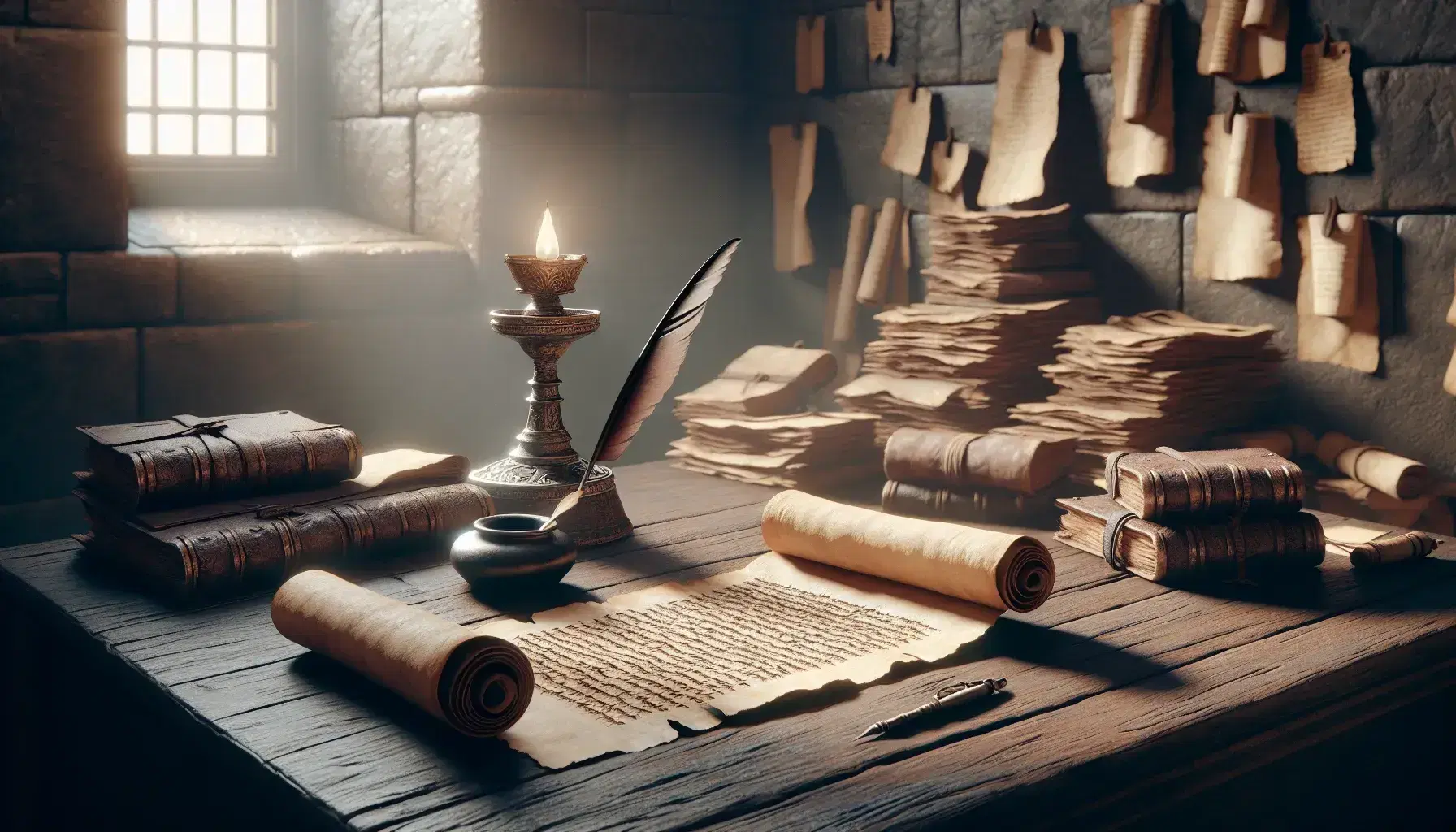 Pergamena antica su tavolo in legno con penna d'oca e calamaio in terracotta, libri rilegati e lampada ad olio in studio storico.