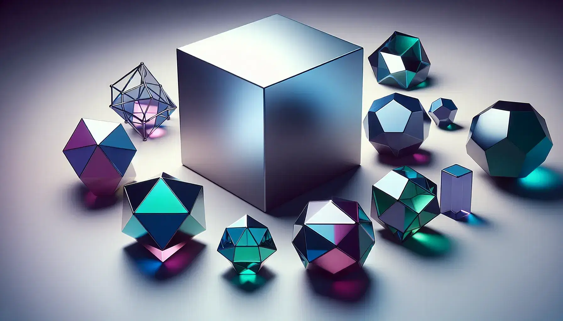 Collection of reflective silver cube and translucent colored polyhedra including blue tetrahedron, green octahedron, purple dodecahedron, and red icosahedron on matte gray surface.