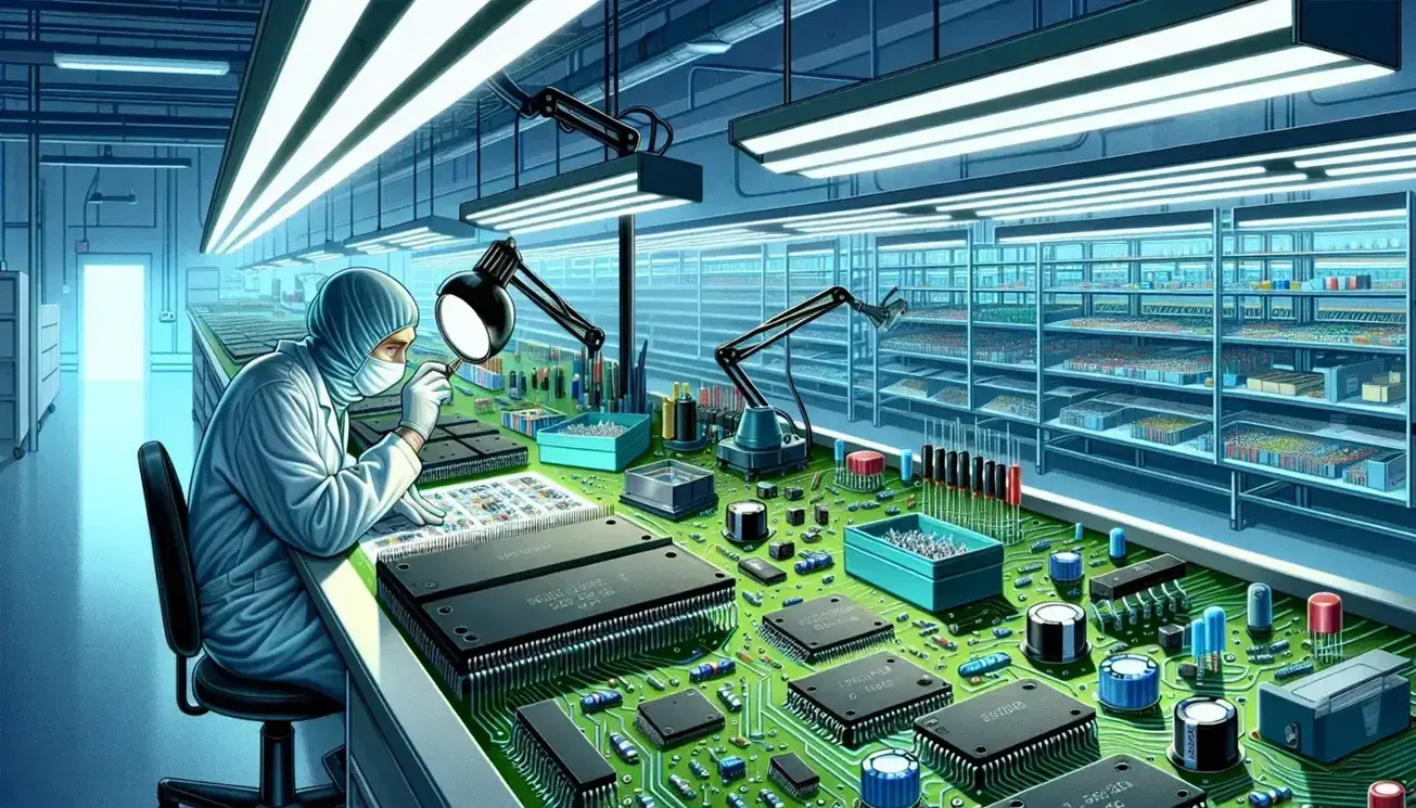 Mesa de trabajo iluminada en fábrica de electrónica con circuitos verdes y componentes de colores, persona con bata inspeccionando con lupa y estantería con cajas azules.