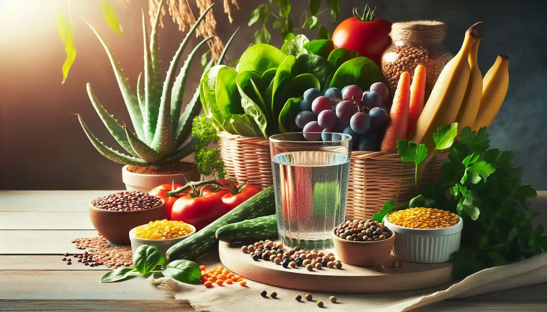 Composición equilibrada con alimentos frescos para la salud gastrointestinal, incluyendo hojas verdes, tomates, zanahorias, uvas, legumbres, plátanos y plantas de aloe vera.