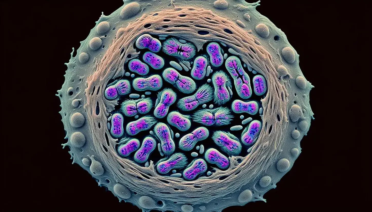 Microfotografia colorata di cellula in mitosi con cromosomi in tonalità di viola e blu allineati al centro, circondata da citoplasma grigio-rosa.
