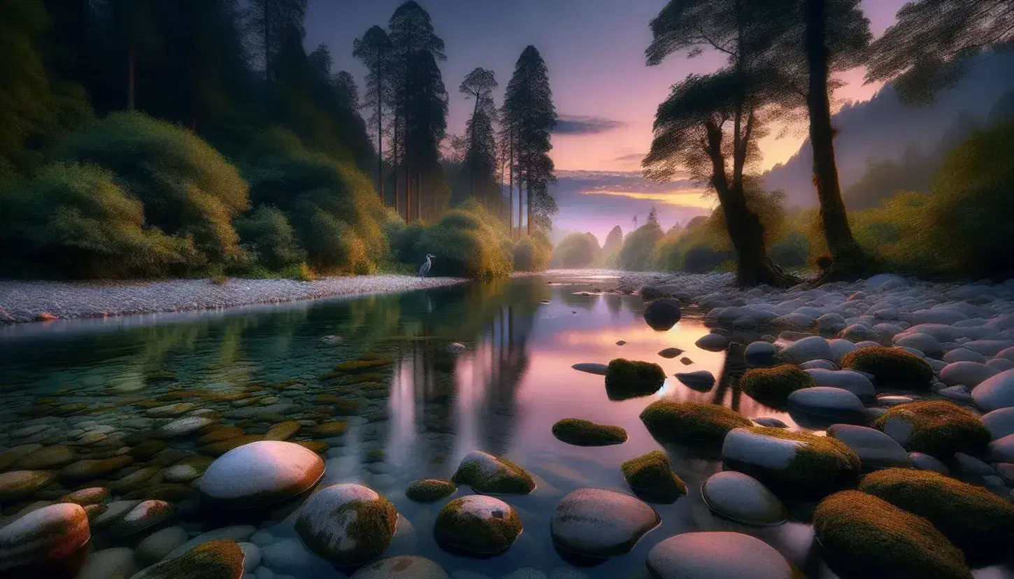 Natural landscape at dusk with serene river, rounded stones, autumn trees, blurred sky and white heron reflected in the water.