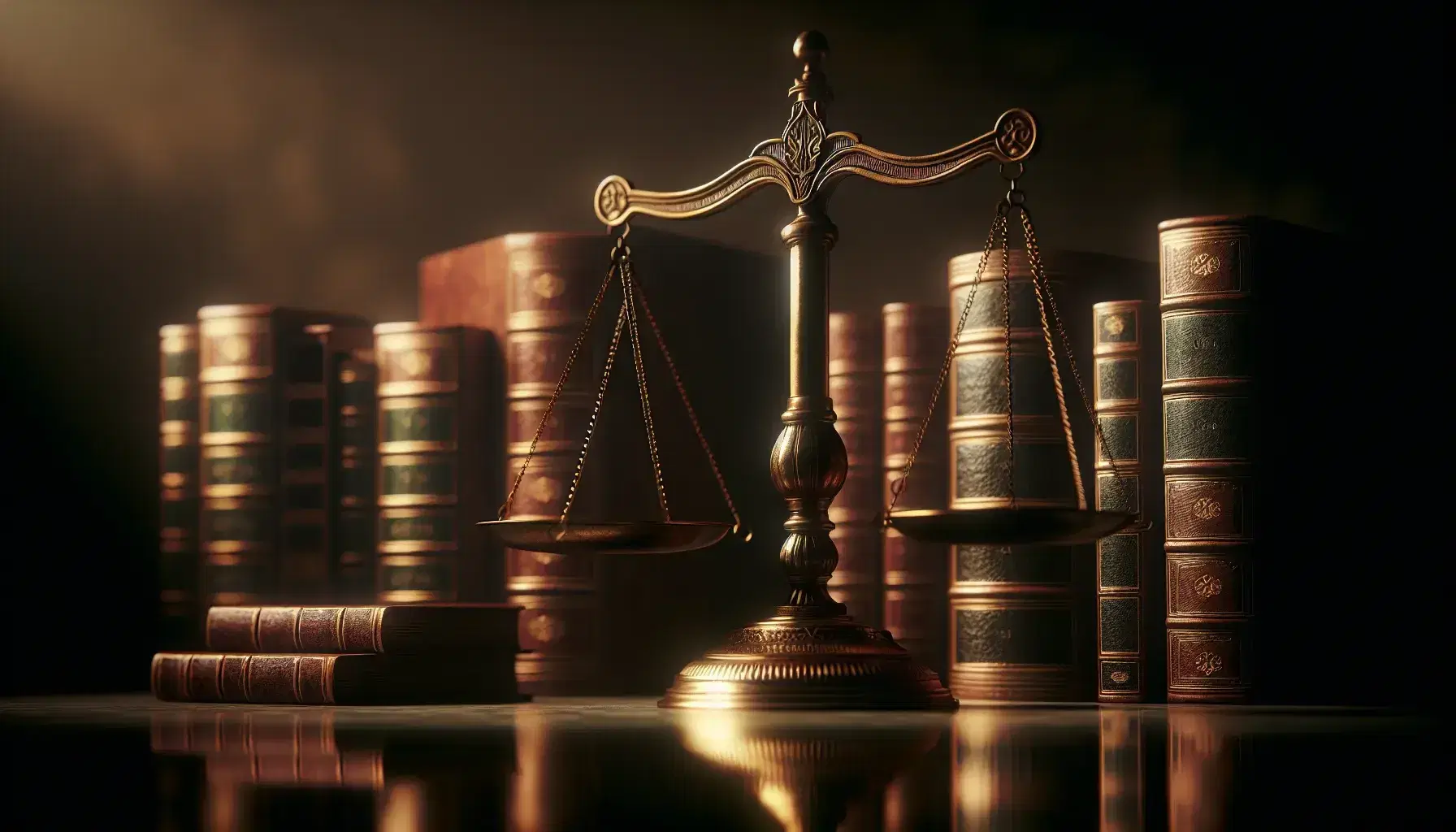 Balanza de justicia de bronce equilibrada y en reposo, flanqueada por pilas de libros encuadernados en cuero, en un entorno solemne con tonos marrones y dorados.
