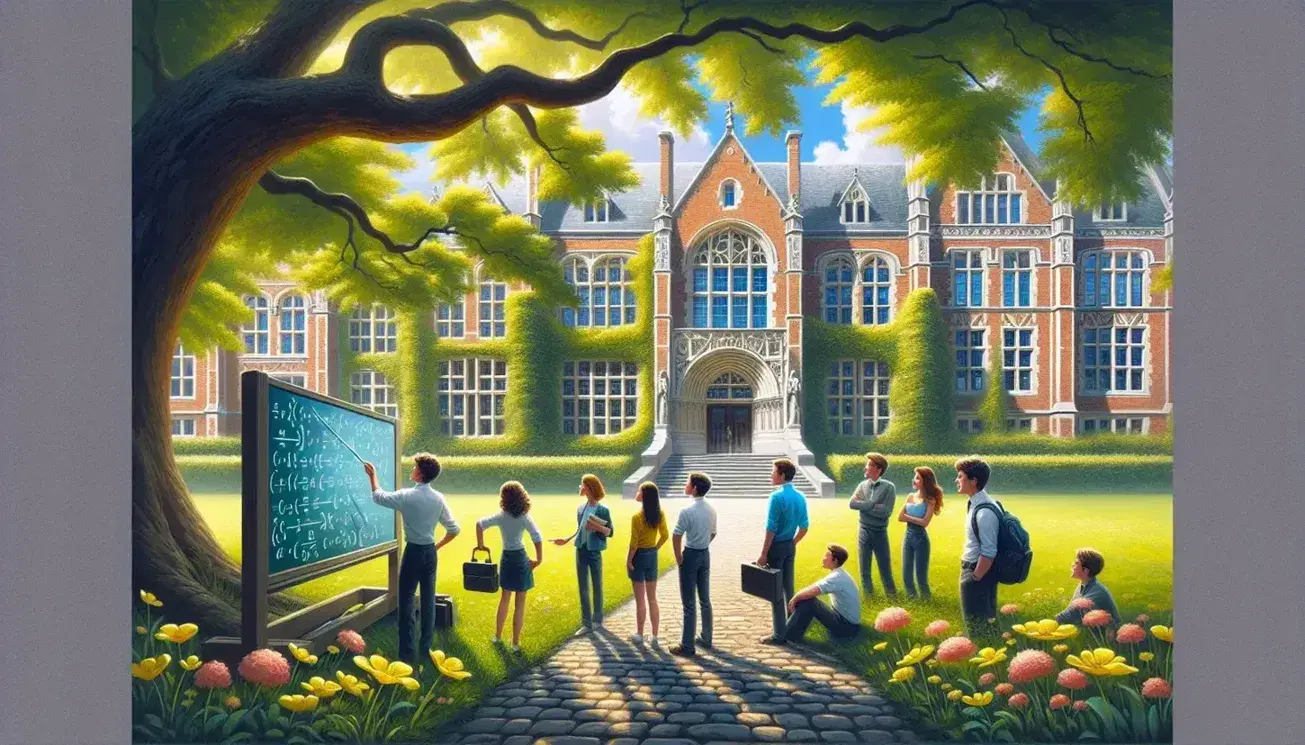 Tranquil university campus with students engaged in discussion by a clear board, lush lawn with flowers, and a grand red brick building.
