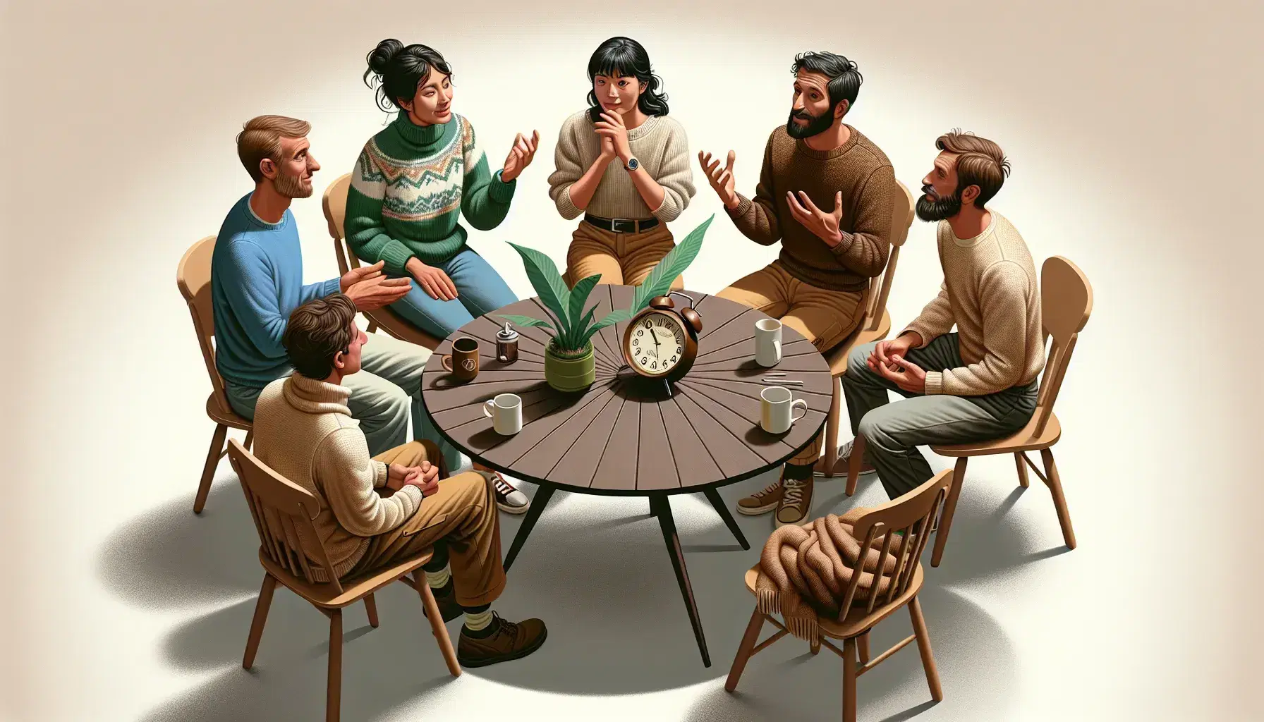 Gruppo di cinque persone in conversazione sedute in cerchio attorno a un tavolo con pianta, tazza e orologio, esprimendo vari gesti e emozioni.