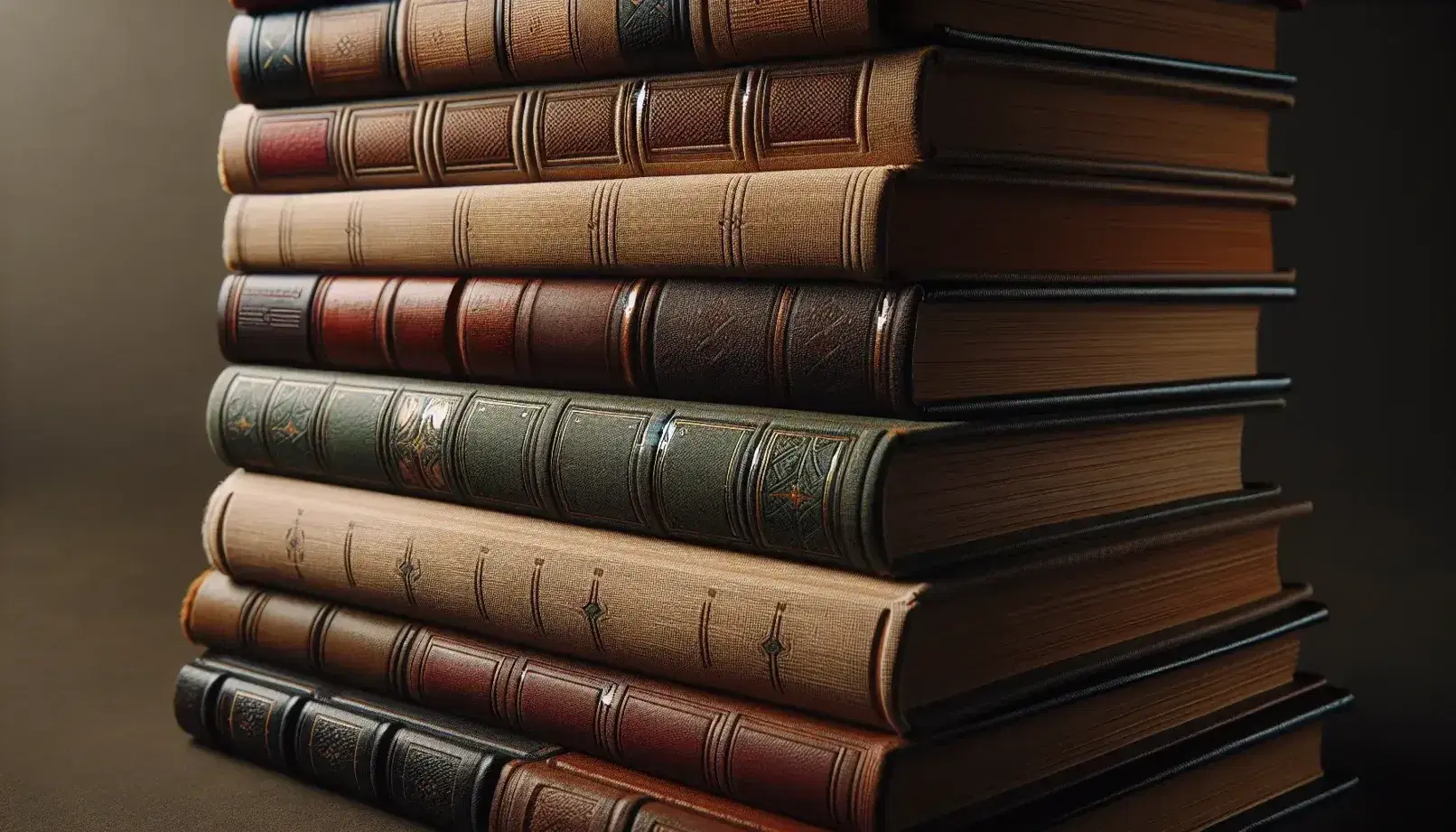 Stack of vintage hardcover books with textured spines in earthy tones, pages showing signs of wear, set against a blurred background.