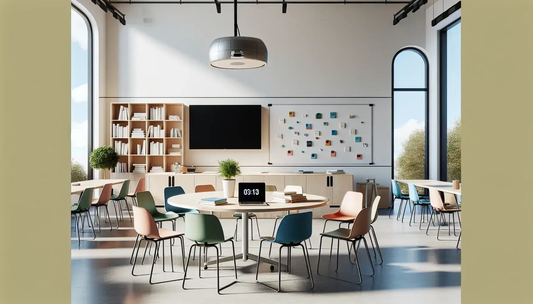 Aula moderna y luminosa con mesa redonda, sillas ergonómicas de colores, laptop, libros y planta, pizarra blanca y estantería con modelos geométricos, sin personas.