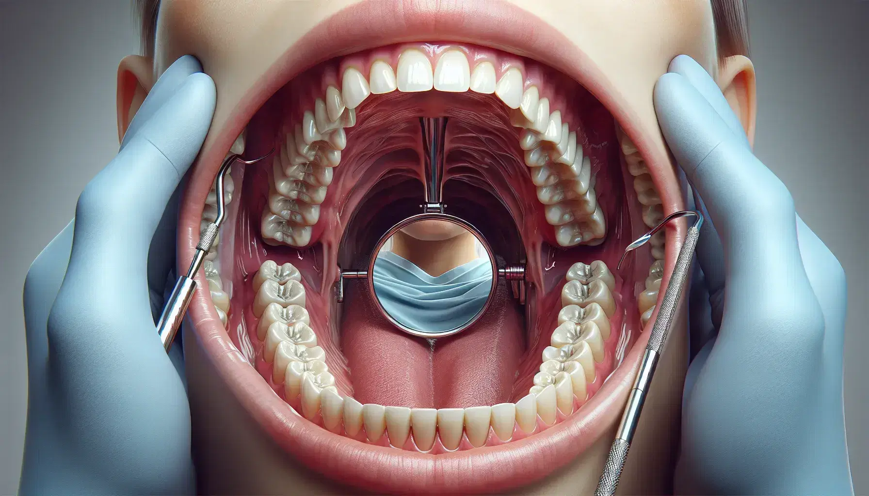 Esame dentale con bocca aperta mostrando denti superiori e inferiori, gengive rosa pallido, lingua e specchio dentistico riflettente.