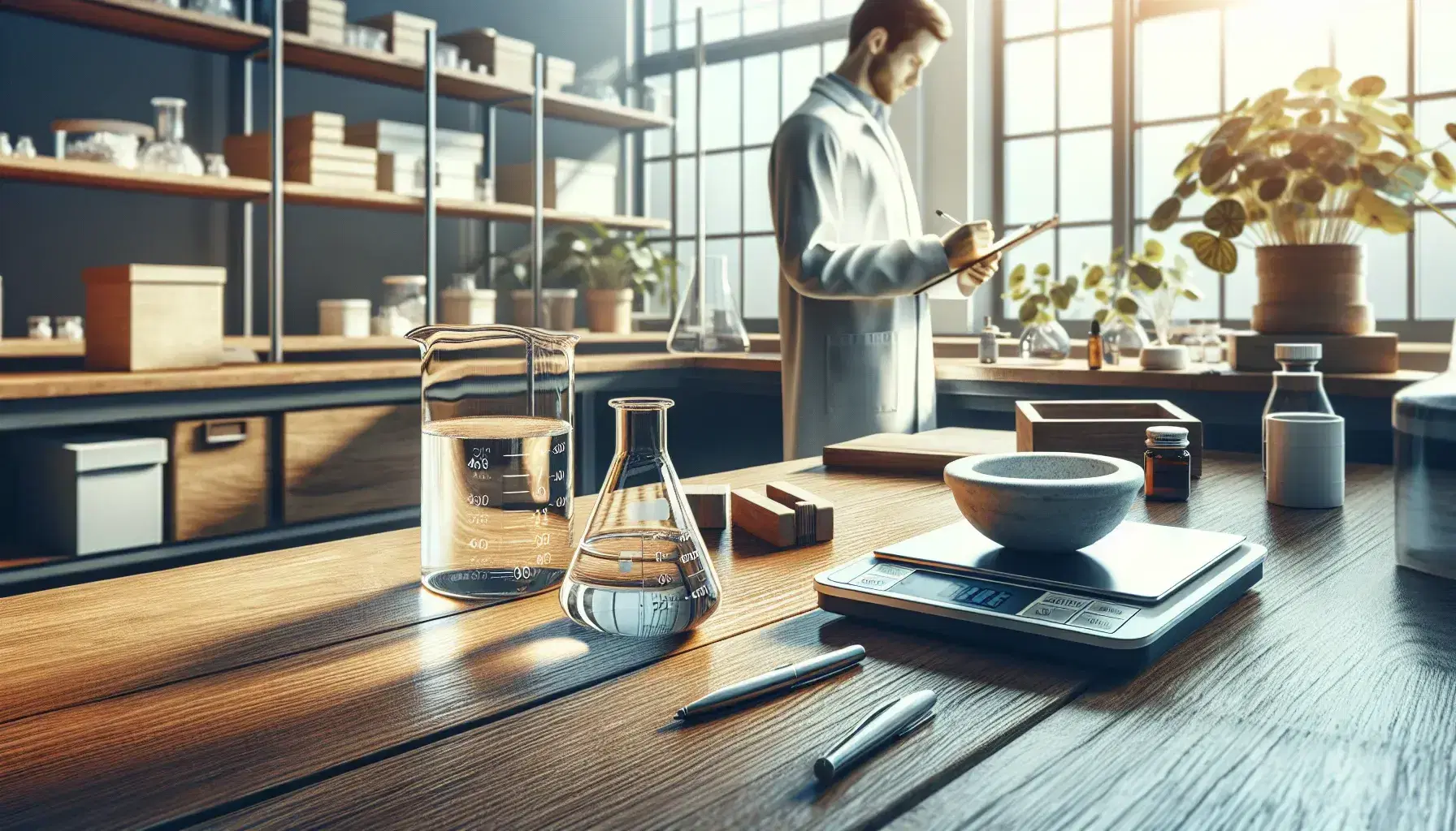 Scientific laboratory with wooden table, beaker with transparent liquid, flask with blue solution, mortar and scales, researcher from behind and plant on the windowsill.