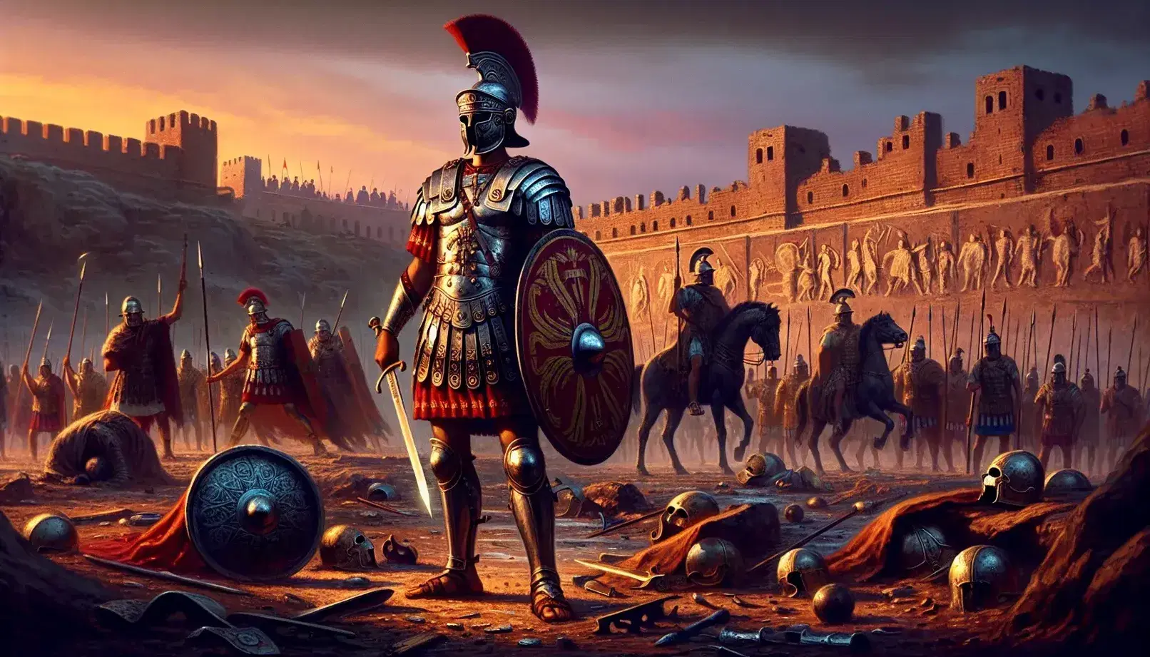 Guerriero romano in armatura con elmo crestato rosso, scudo e spada, in battaglia, con sfondo di città antica al tramonto.