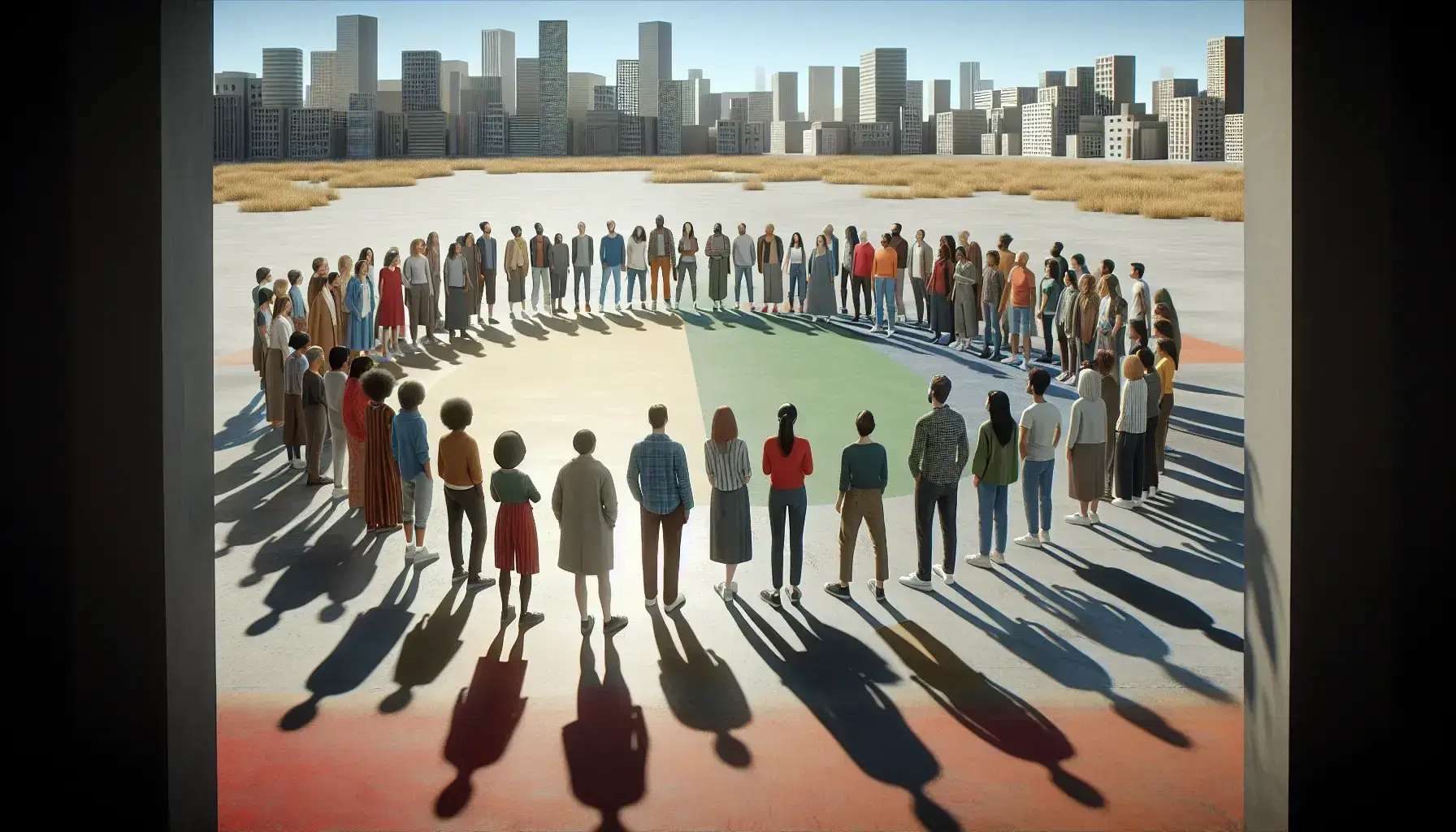 Grupo diverso de personas de distintas edades y etnias en semicírculo en entorno urbano, mirando hacia un punto común en una tarde soleada.