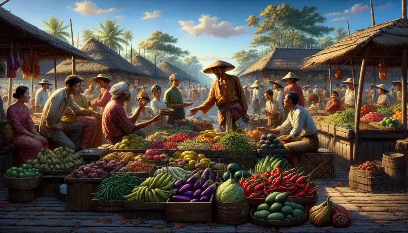 Vibrant tropical market scene with diverse people chatting and buying exotic fruits from stalls under a clear blue sky.