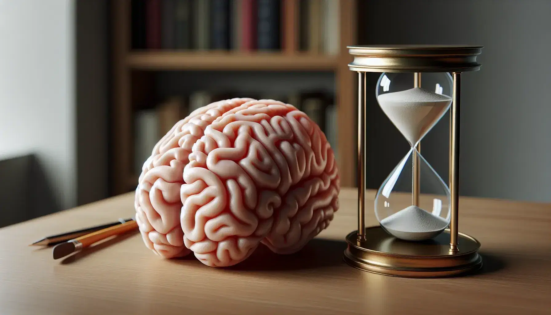 Anatomical model of human brain on wooden desk next to hourglass with white sand and blurred bookcase background.