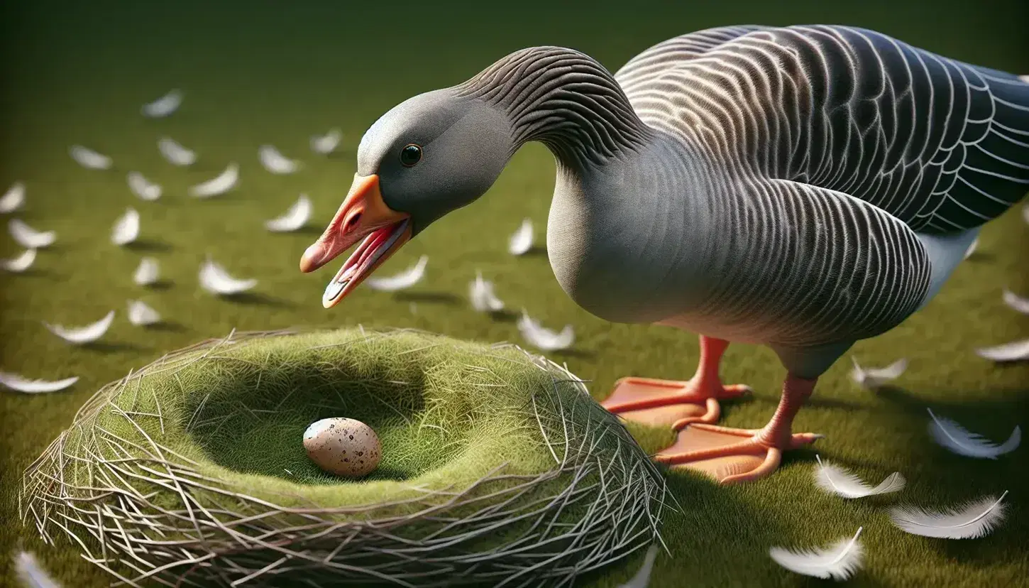 Gray greylag goose with orange bill retrieves a lightly speckled egg near nest on grass, exemplifying a fixed action pattern.