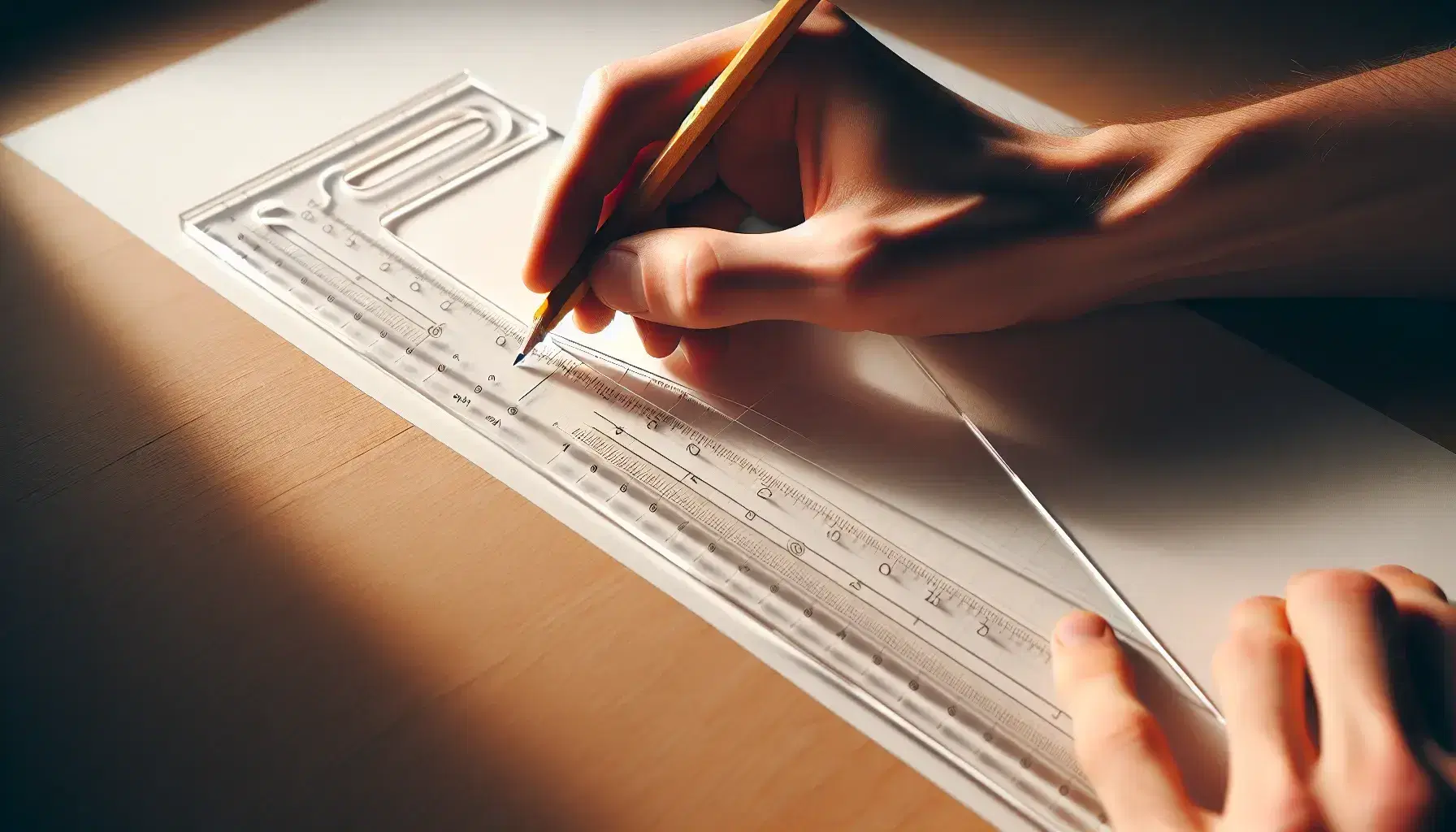 Close-up view of a hand holding an acrylic graphing ruler on white paper, drawing an invisible curve with a pencil on a light brown desk.